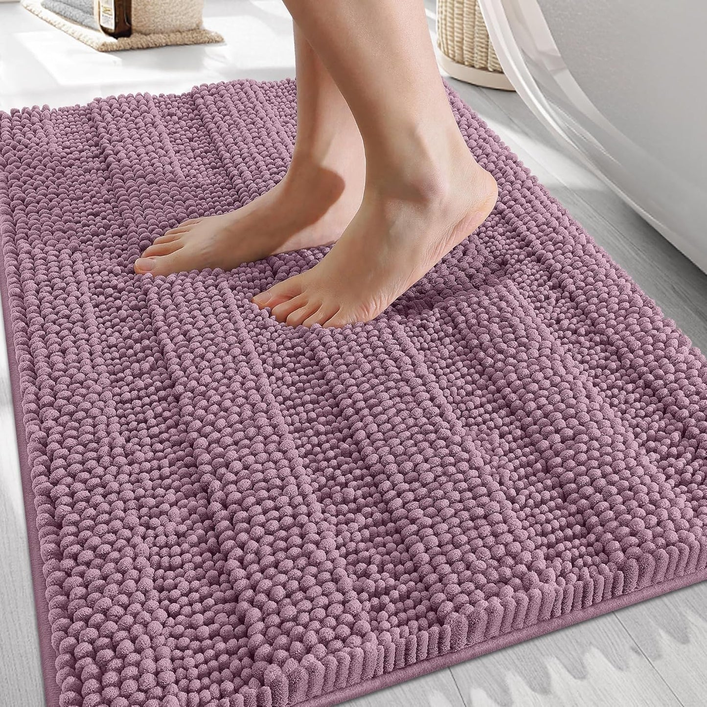 OLANLY Thick Bathroom Rugs 30x20, Extra Soft Absorbent Chenille Striped Bath Rugs, Rubber Backing, Machine Wash Dry, Bath Mats for Bathroom Floor, Tub and Shower, Home Decor Accessories, Deep Plum