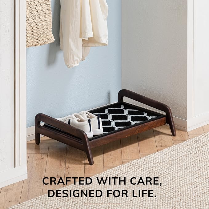 Anji Mountain Heavy Duty Waterproof Wooden Shoe Storage Mat Organizer/Boot Storage Tray Multi Use for Entryway with Coir, Black and Ivory Diamond Insert, 1 Tier, Fits 2 Pair (26.5" Wide)