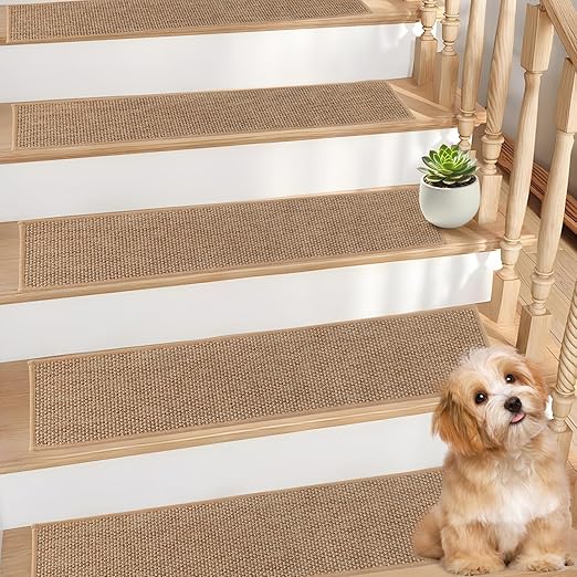 Natural Linen Stair Treads for Wooden Steps, 4 Pcs 8" x 30",Non Slip Stair Runner, Peel and Stick Carpet Indoor for Kids Elders and Pets (4, Beige, 8" x 30")
