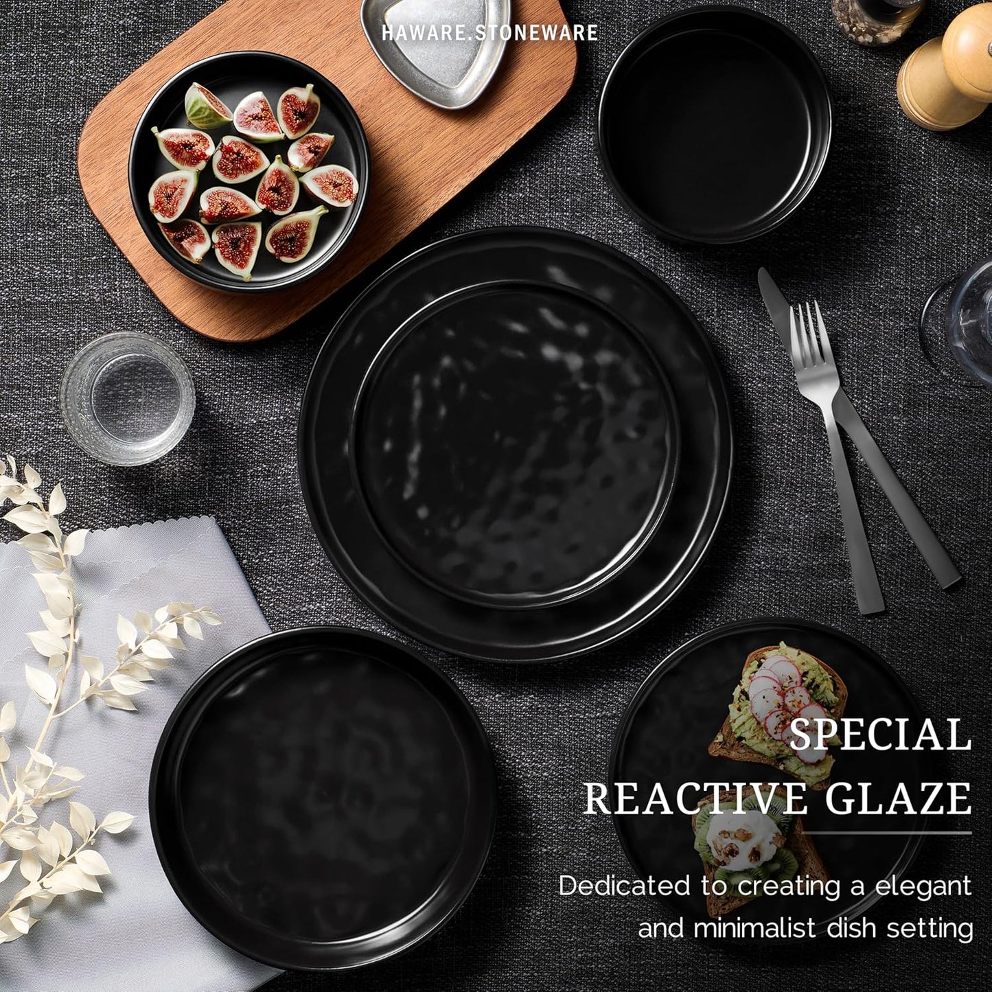 HaWare Dinnerware Sets, 6-Piece Plates and Bowls Set, Stoneware Dish Set for 2, Ceramic Dinnerware for Home Restaurant, Chip and Scratch Resistant, Microwave and Dishwasher Safe, Matte Black