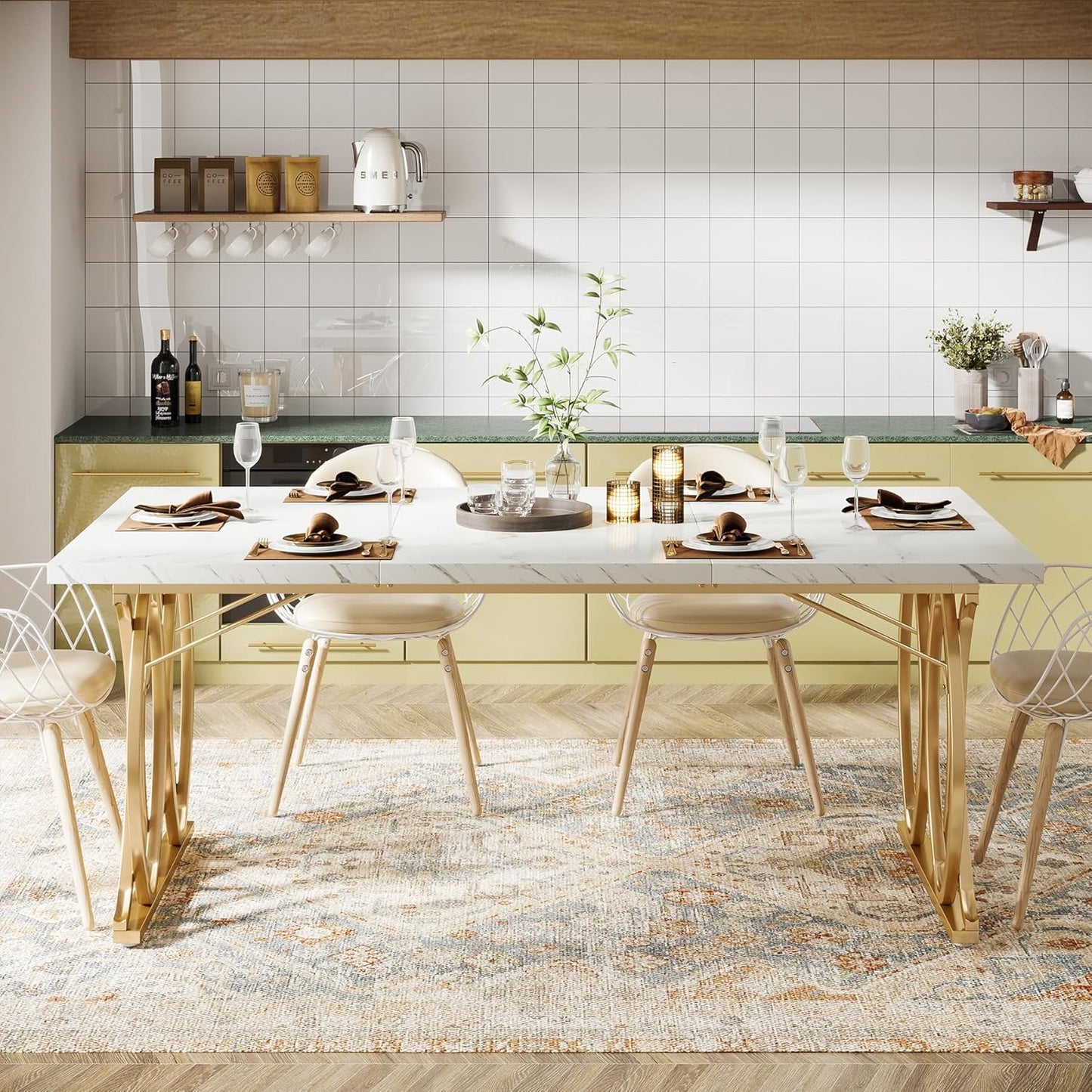 Tribesigns Modern Dining Table, 63" Large Kitchen Table for 4-6 People, Unique Rectangular Dinner Table Kitchen & Dining Room Furniture with Faux Marble Tabletop and Geometric Legs