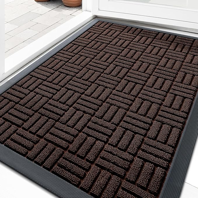 OLANLY Front Door Mat Outside Entrance 35x23, Absorbent, Heavy Duty Sturdy Natural Rubber Doormat Indoor Outdoor, Stain and Fade Resistant, Non-Slip Backing Low Profile Floor Mat for Entryway, Brown