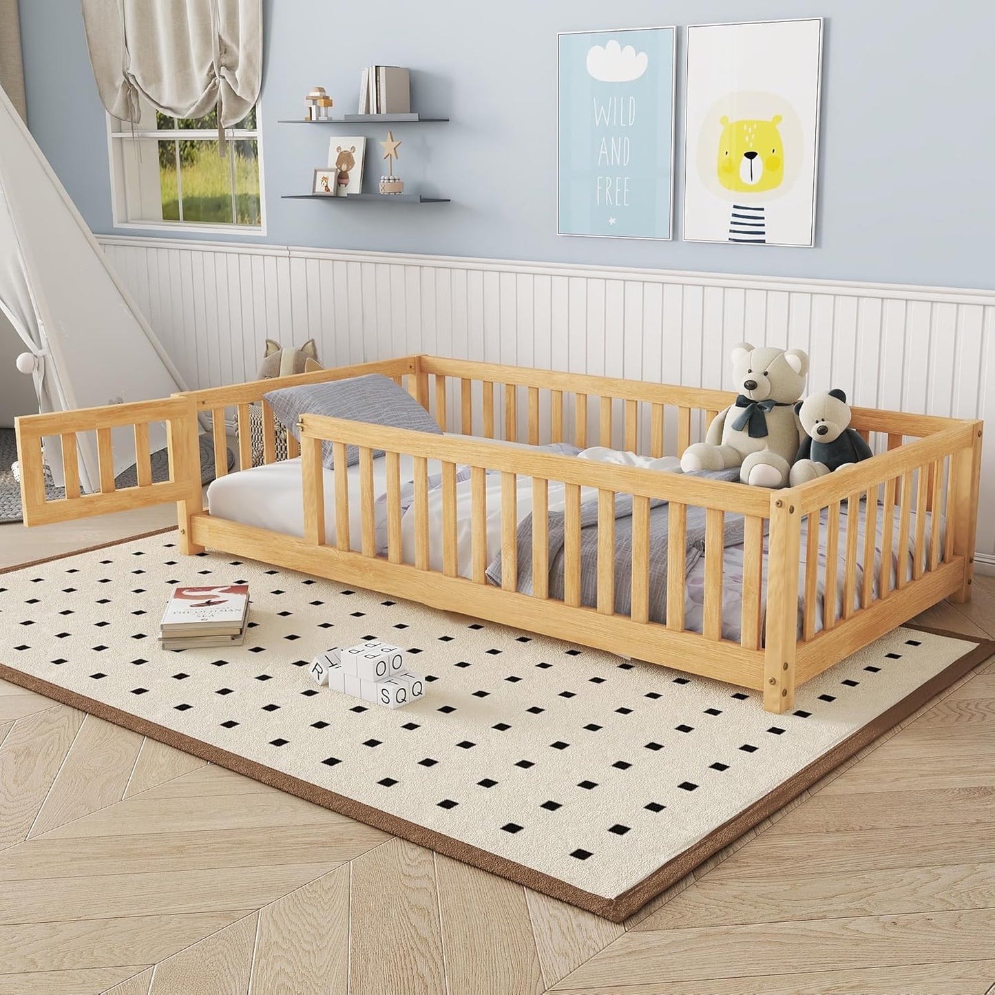 Twin Floor Bed Frame with Slats and Safety Guardrail, Wood Twin Size Montessori Floor Bed with Door and Fence, Easy Assemble Montessori Beds for Kids, Girls, Boys, Natural
