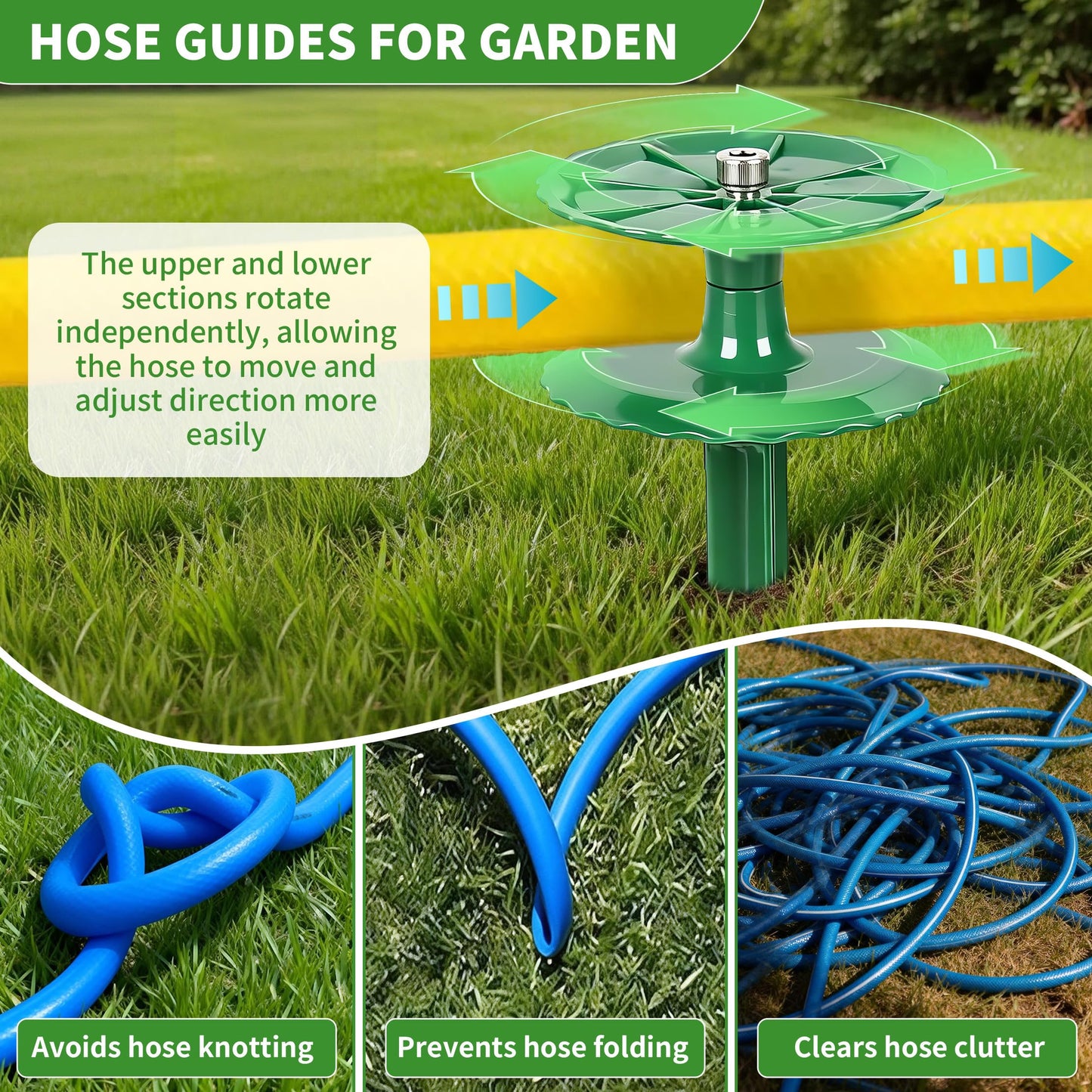 6 Pack 10 Inch Garden Hose Guide Stakes, Upgraded Reinforced Disc, Rotatable Double-Disk Sun Protection Heavy-Duty Plastic Stake, Hose Guard for Yard, Lawn & Flower Bed Landscaping(Green 6Pcs)