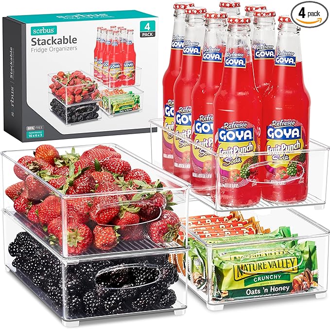 Sorbus Stackable Refrigerator Organizer Bins - Clear Storage Bins for Kitchen Pantry, Freezer & Fridge Organization - Food Organizing Plastic Containers with Handles for Countertops & Drawers (4 Pack)