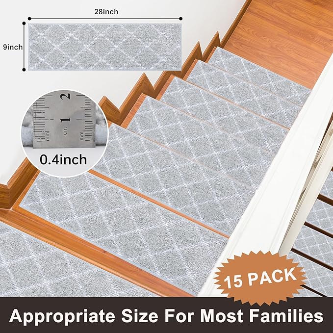 BEQHAUSE Stair Treads 15 Pack Self-Adhesive Stair Mats 28inX9in Stair Treads for Wooden Steps Non-Slip Stair Grips Polyester Soft Edging Stair Rugs Grey Stair Runner