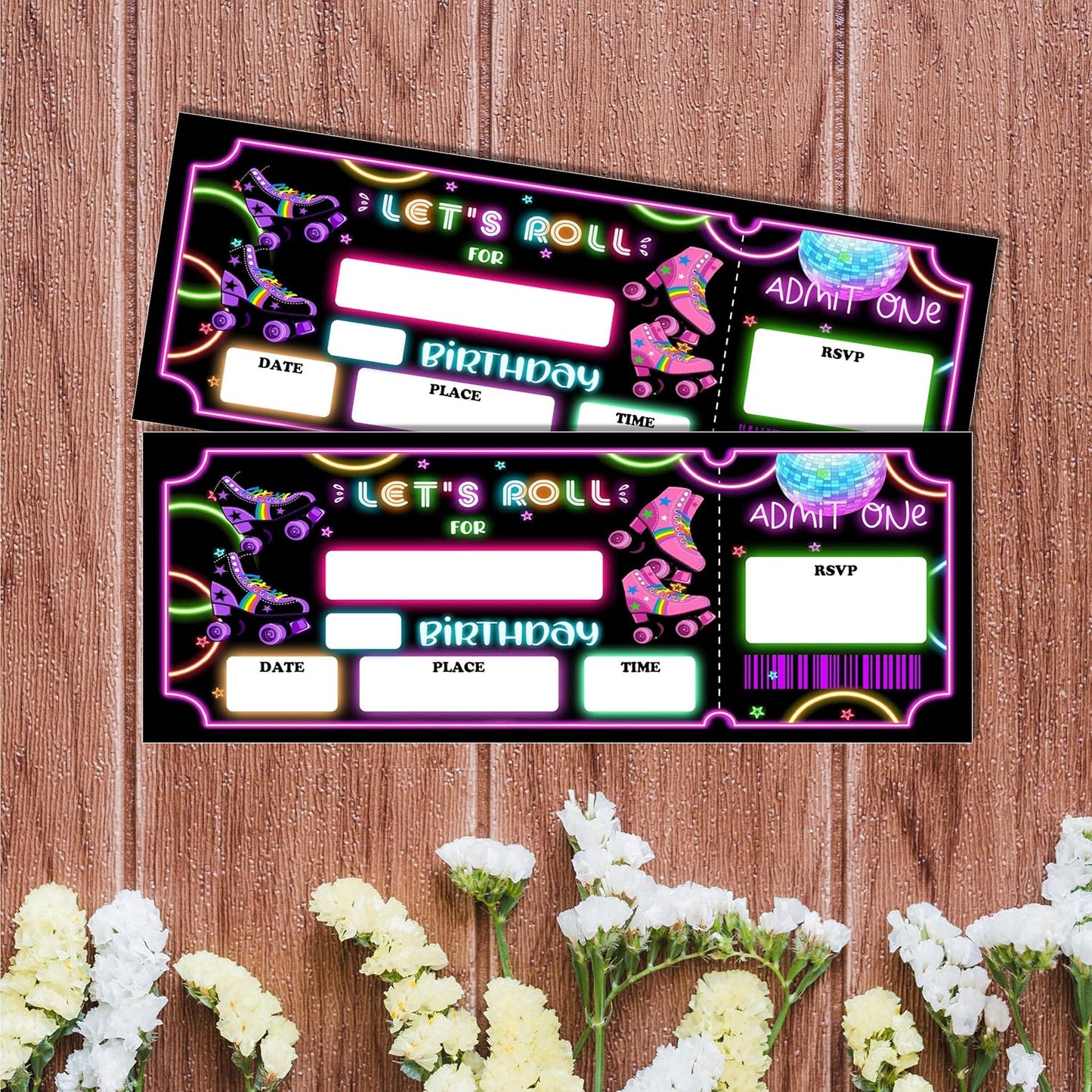 Let's Roll Skate Birthday Invitation with Envelopes-20 Skates Ticket Invite Cards for Skating Lovers Boys-Neon Birthday Cards-Party Favor & Supplies (3×8 inch)-A30