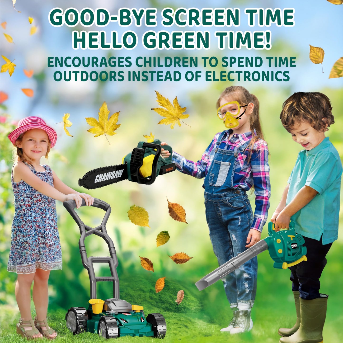 TeganPlay Kids Leaf Blower, Toy Chainsaw, and Lawn Mower Set | Realistic Toddler Landscaping Power Tools with Sound and Action| Includes Safety Goggles Mask and Earmuffs