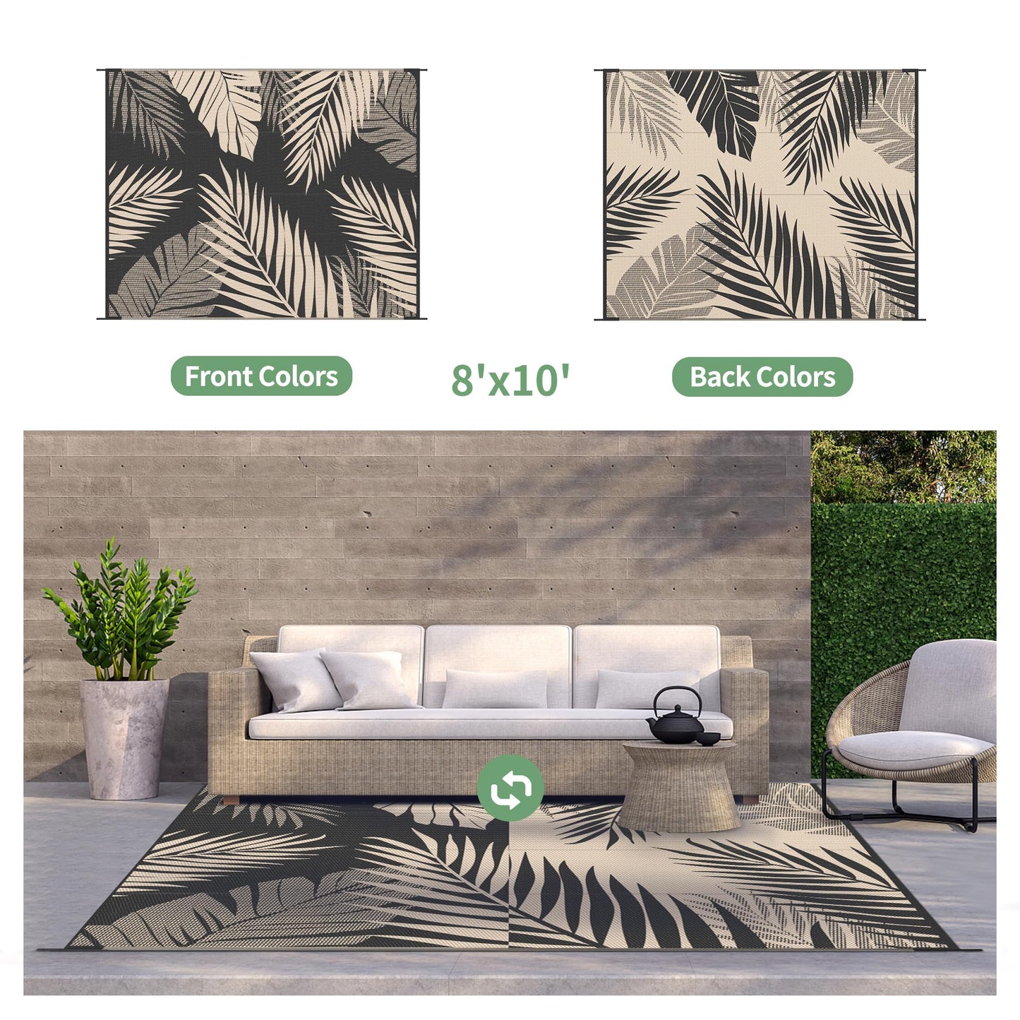 GENIMO Outdoor Rug 8' x 10' Waterproof for Patios Clearance, Reversible Outdoor Plastic Straw Camping Rug Carpet, Large Area Rugs Mats for RV, Camper, Deck, Balcony, Porch, Beach, Picnic, Black&Beige