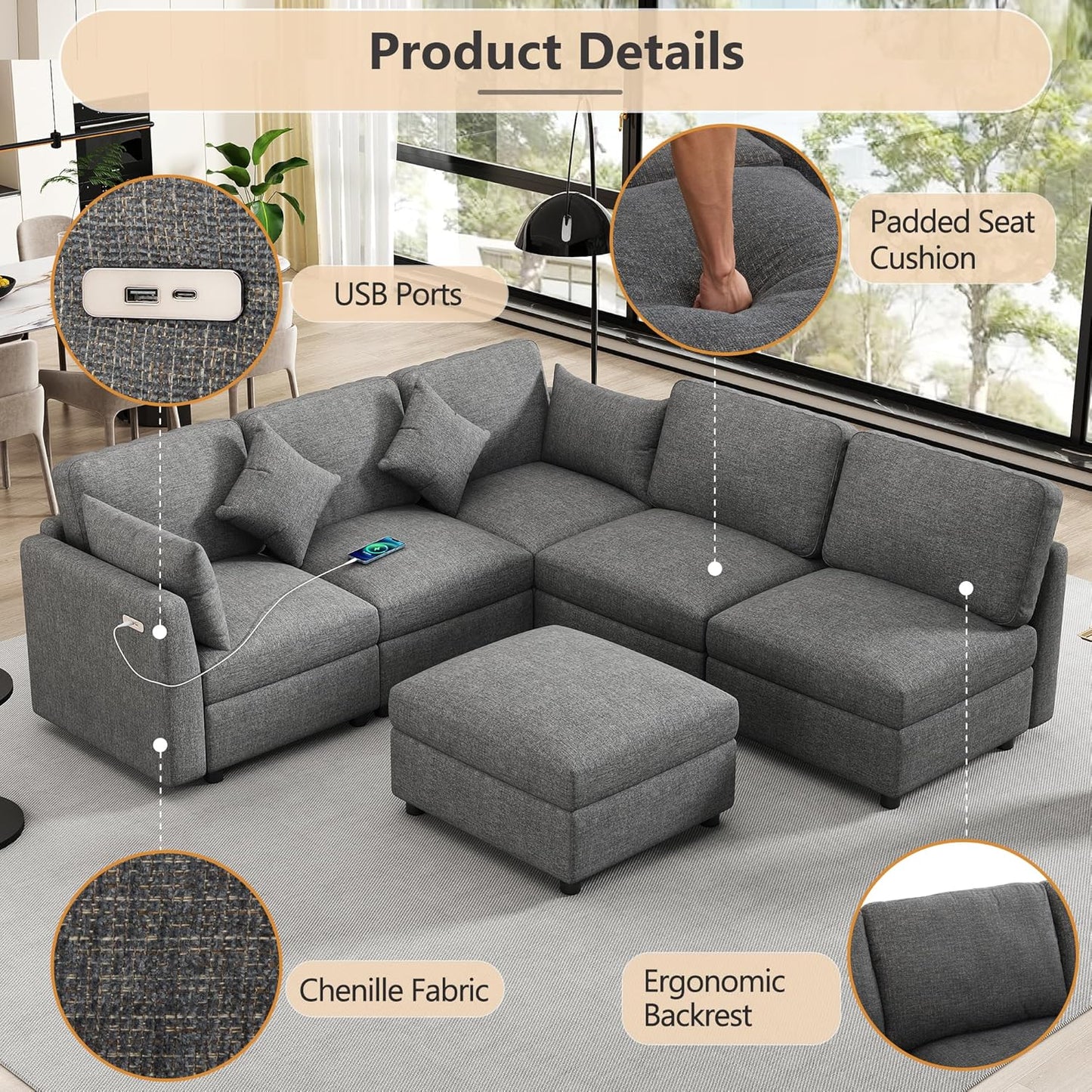 Ball & Cast Oversize Modular Sectional Sofa,85.4" 5-Seater Couch with USB Ports and 9 Pillows,Chenille Upholstered Convertible Sleeper Sofabed w/Movable Ottoman,for Living Room,Grey