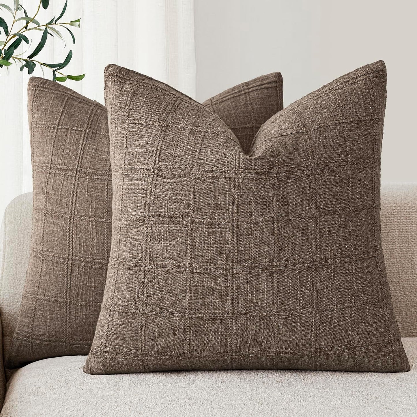 Foindtower Set of 2 Decorative Linen Check Throw Pillow Covers Neutral Farmhouse Vintage Cushion Covers Modern Boho Home Decor for Sofa Chair Couch Bedroom Living Room Outdoor,24×24 Inch,Taupe Grey