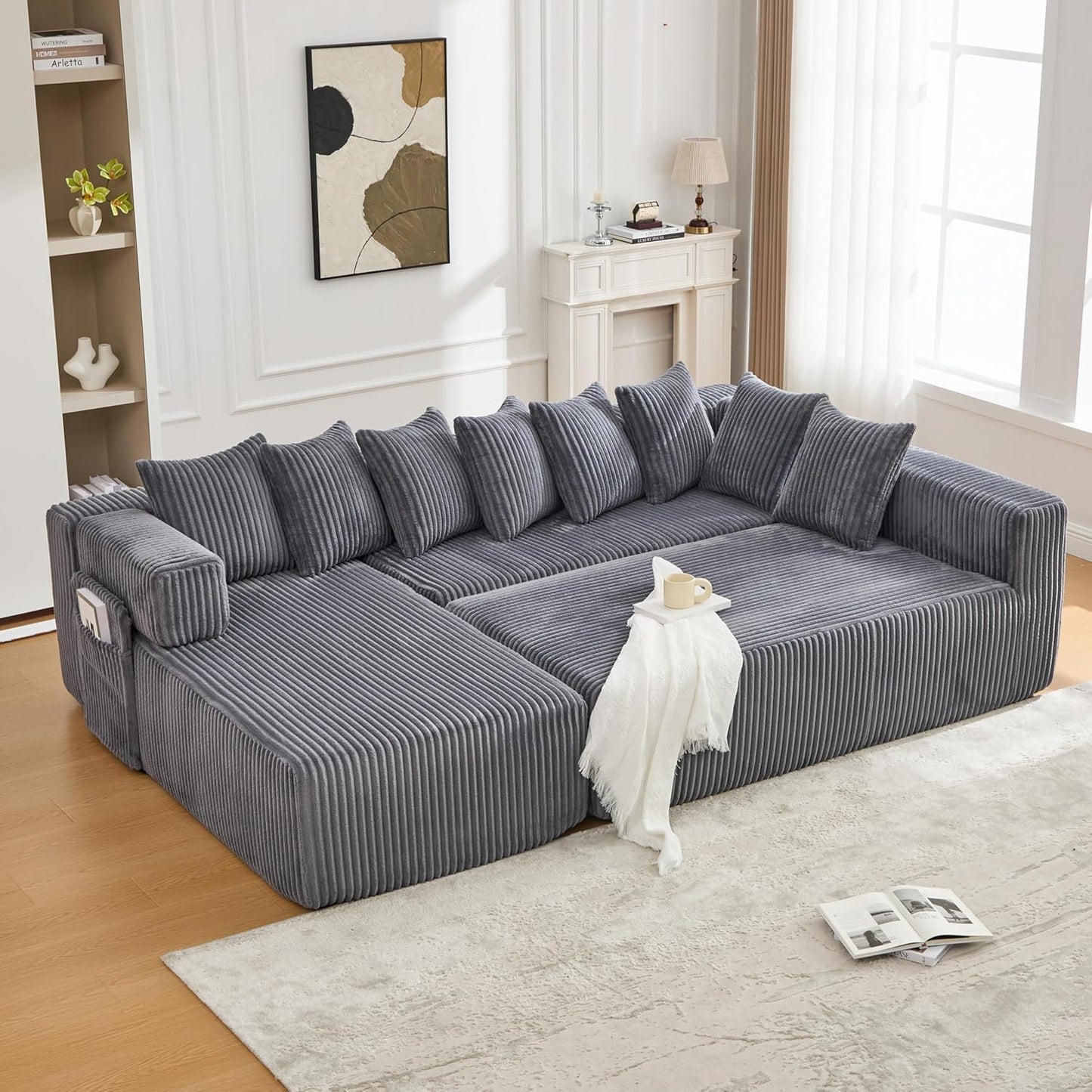 Eafurn DIY Combination Compression Modular Sectional Sofa with Double Chaise Lounge, 146" Oversized U Shaped Boneless Couch with Deep Seat Convertible Sleeper Sofabed w/Throw Pillows
