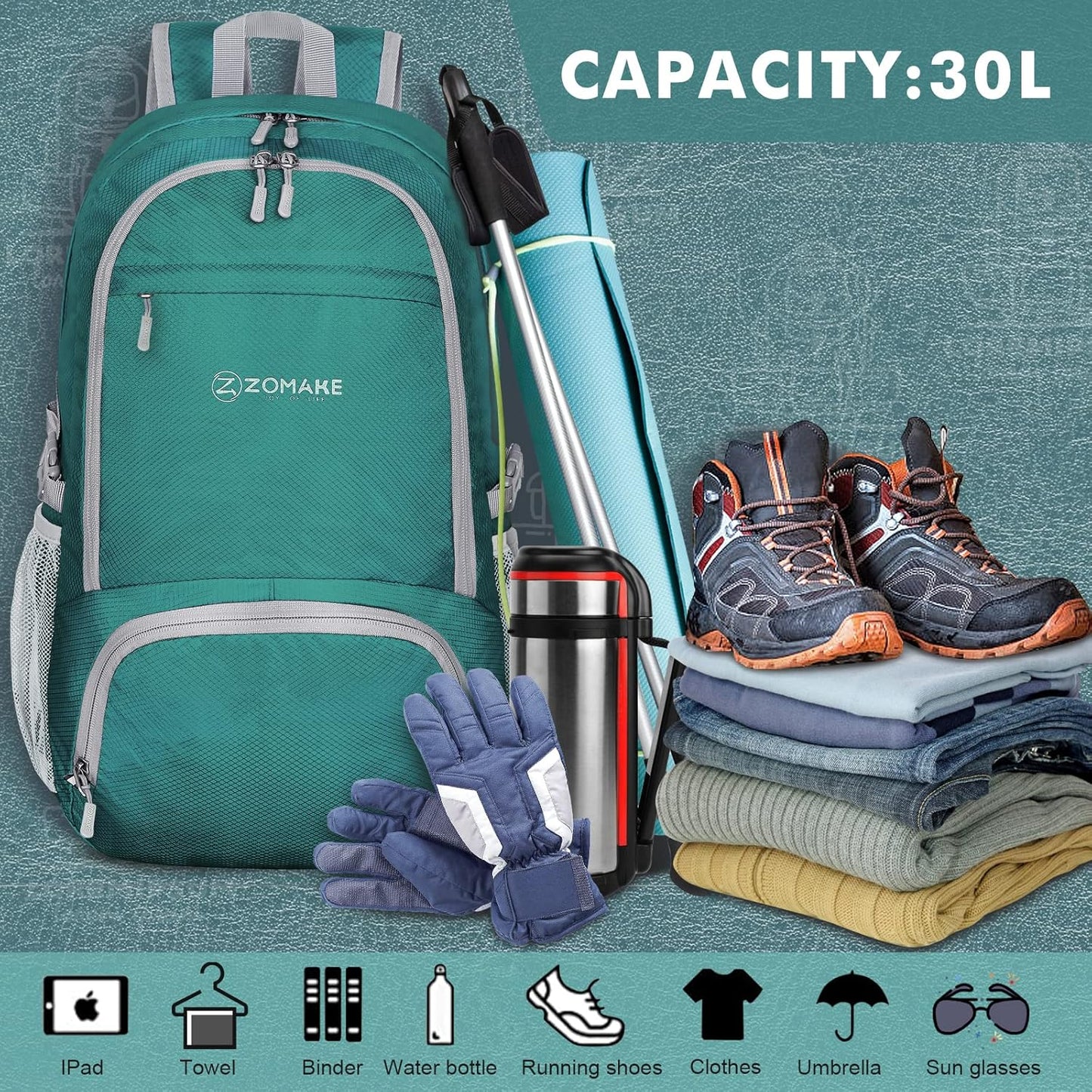 ZOMAKE Lightweight Packable Backpack 30L, Foldable Hiking Backpacks Water Resistant Compact Folding Daypack for Travel(Dark Green)