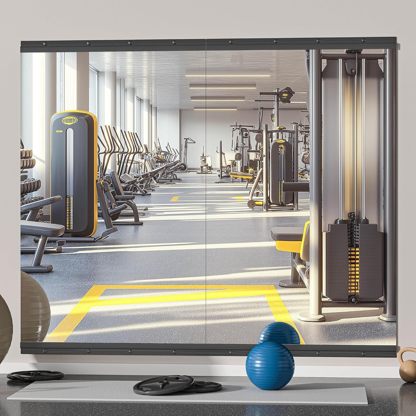 Hasipu 2 Pcs 48''x30'' Home Gym Mirror Large Full Length Wall Mounted Full Body Mirror for Yoga Dance Fitness Exercise Studio Bedroom Garage, Frameless Tempered Glass Workout Mirrors Black Rectangular