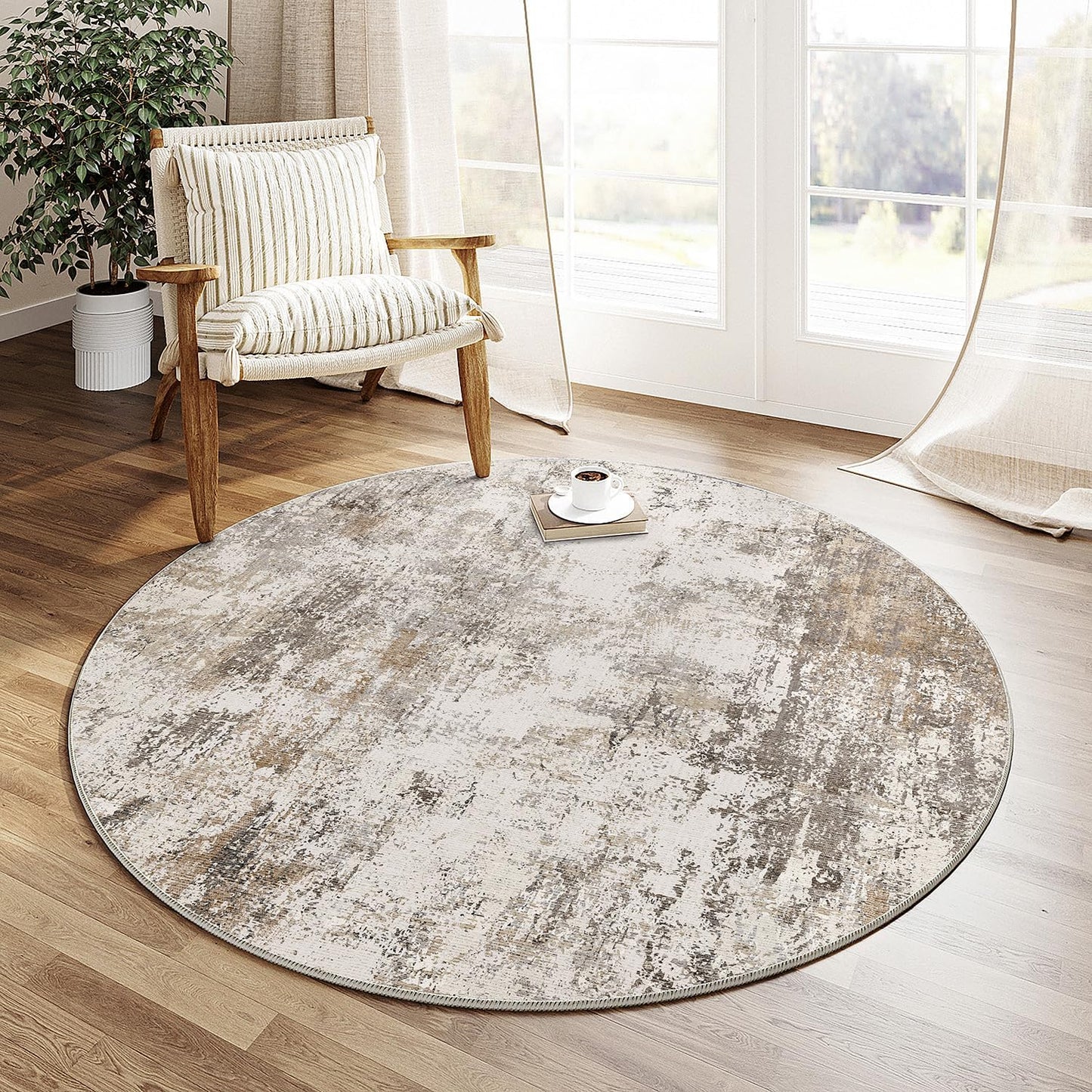 4x4 Washable Round Rug Brown Grey Neutral Abstract Entryway Non Slip Low Pile Area Rug Living Room Bedroom Indoor Doormat Soft Carpet for Entrance Bathroom Office Kitchen