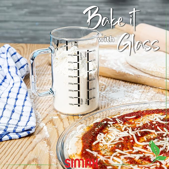Simax Glass Measuring Cup: 16 Oz Measuring Cups Glass - Liter, Oz and Ml Measuring Cup for Liquid - Borosilicate Glass Metric Measuring Cups in Gram - Measure Flour and Sugar Grams - Easy Pour Spout