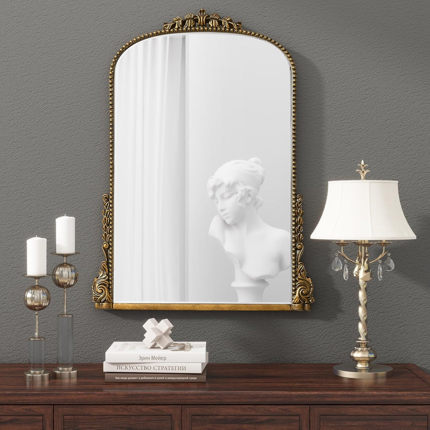 SHYFOY Antiqued Wall Mirror Decorative Vintage Mirrors for Wall Decor, Baroque Wall Mirrors Ornate Arch Mantel Mirror for Living Room Entryway Powder Room, Bronze Dark-Gold Wall Decor, MDF Backing
