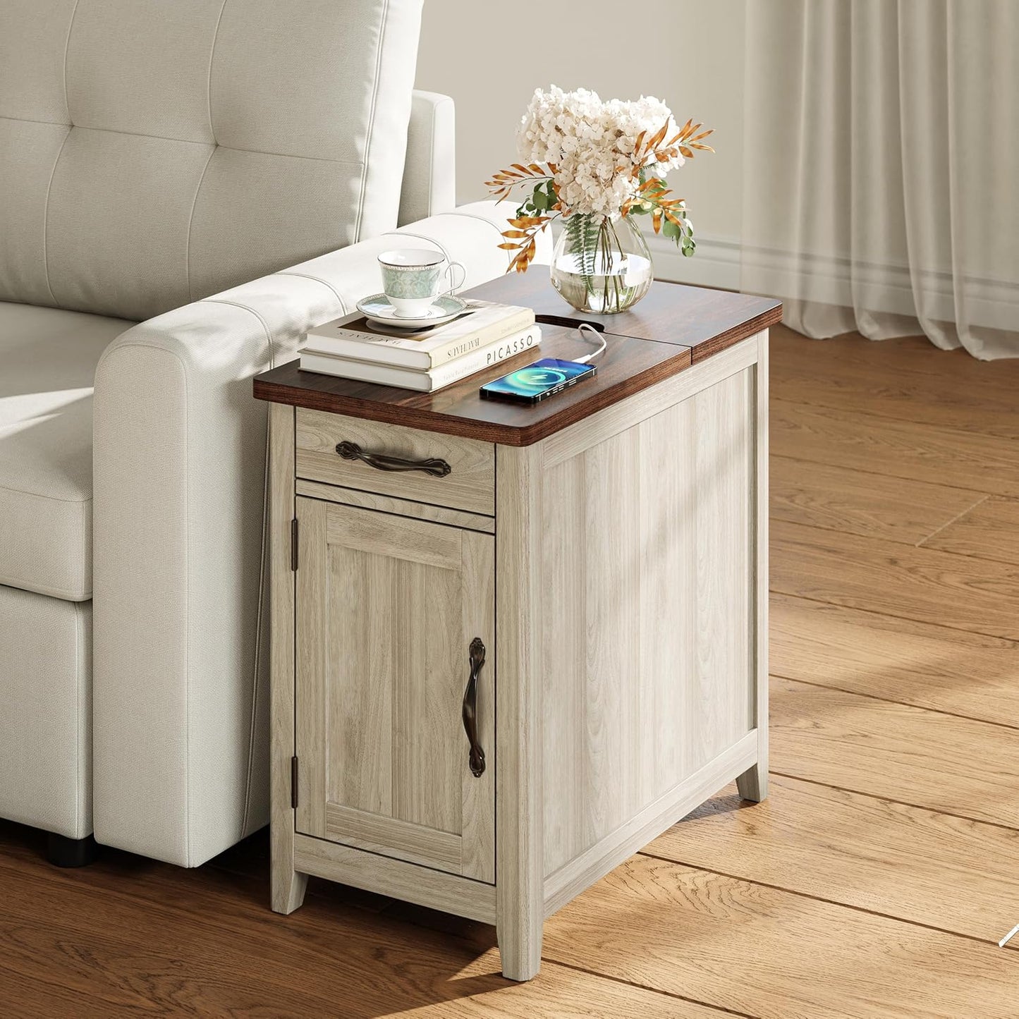 LINSY HOME End Table Set of 2 with Charging Station, Modern Farmhouse Sofa Couch Side Table, Wooden Bedside Table for Living Room Bedroom, Narrow Nightstand with Storage Cabinet for Small Space