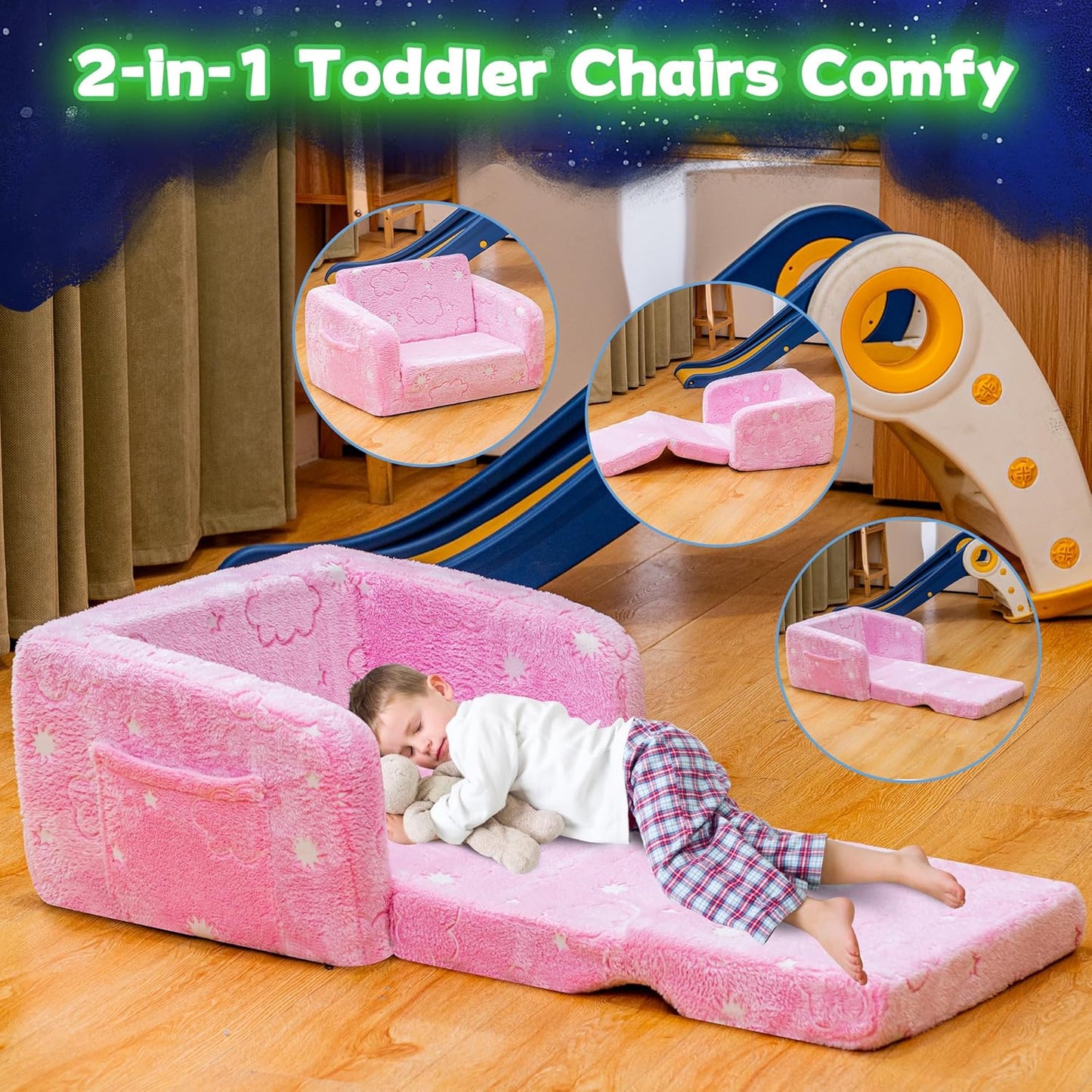 Lamerge 2-in-1 Soft Toddler Couch Fold Out,Foldable Toddler Chair, Glow in The Dark Kids Sofa for playroom,Convertible Foam and Floor Cushion for Boys and Girls (Pink and Clouds)