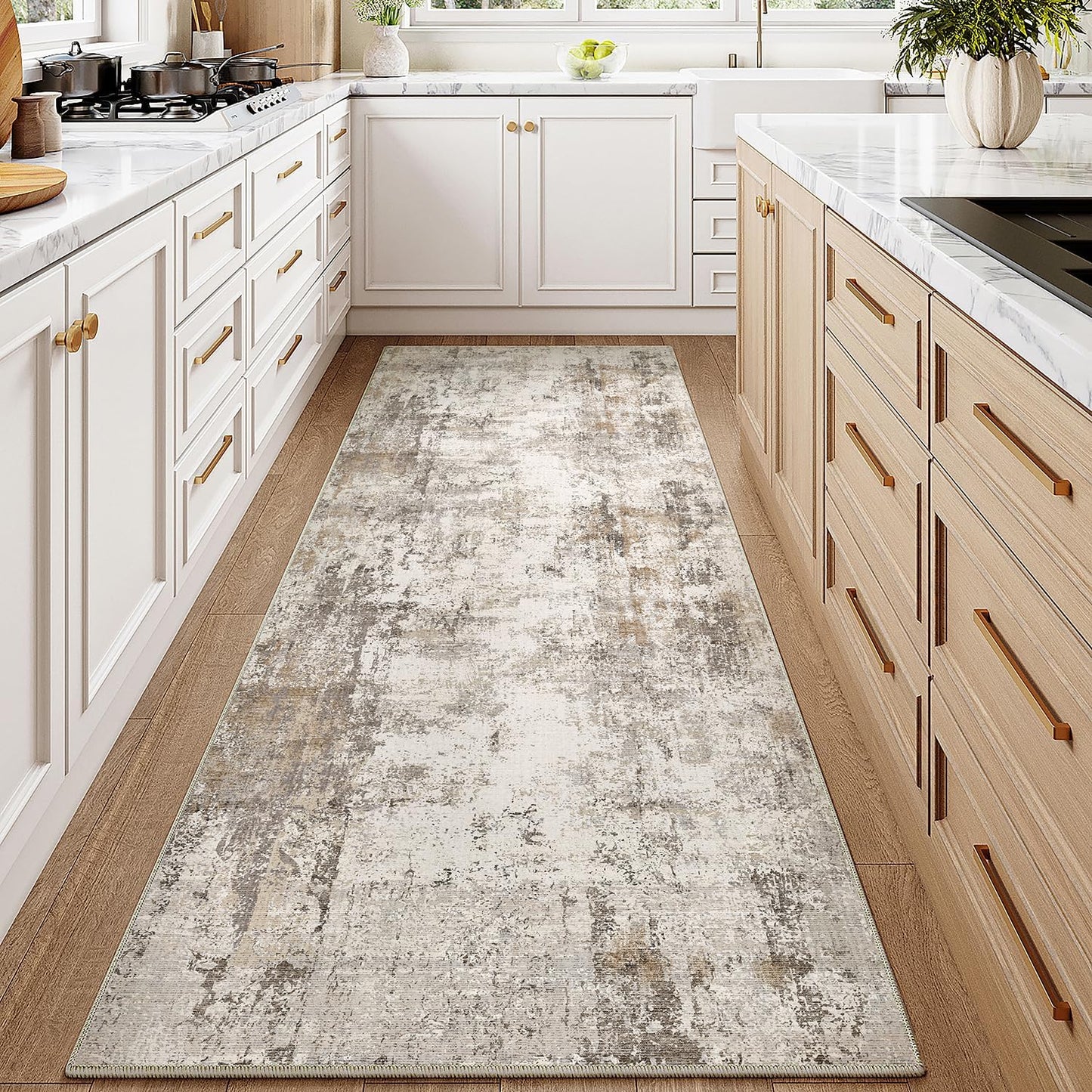 2x8 Washable Runner Rug Brown Grey Neutral Abstract Hallway Kitchen Living Room Bedroom Non Slip Throw Rug Soft Low Pile Indoor Carpet for Entrance Laundry Bathroom