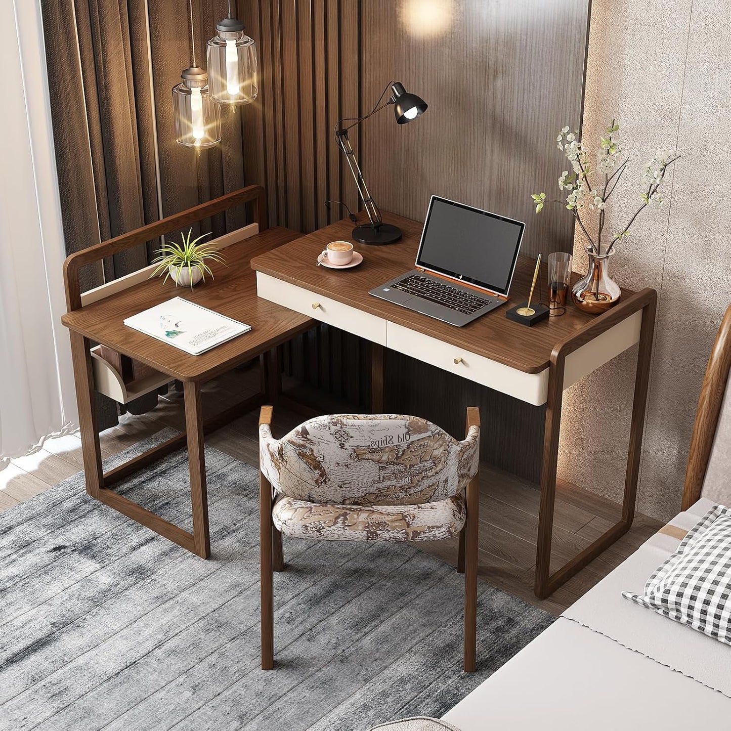Lartis Extendable to 70" Solid Wood Desk, Storage Study Table with Side Unit, Multifunctional Workbench, Modern Office and Study Computer Desk