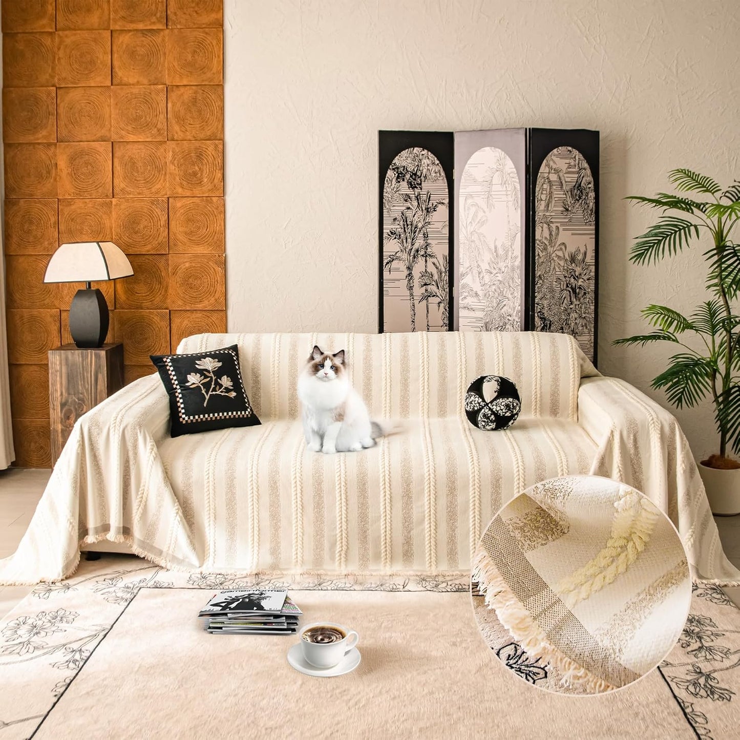 Couch Cover for Dogs Washable Sofa Cover, Sectional Couch Covers, Sofa Covers for 2 Cushion Couch, Non Slip Stripe Sofa Slipcovers Furniture Protector, Couch Protector from Cat Claws, Beige,75''x102''