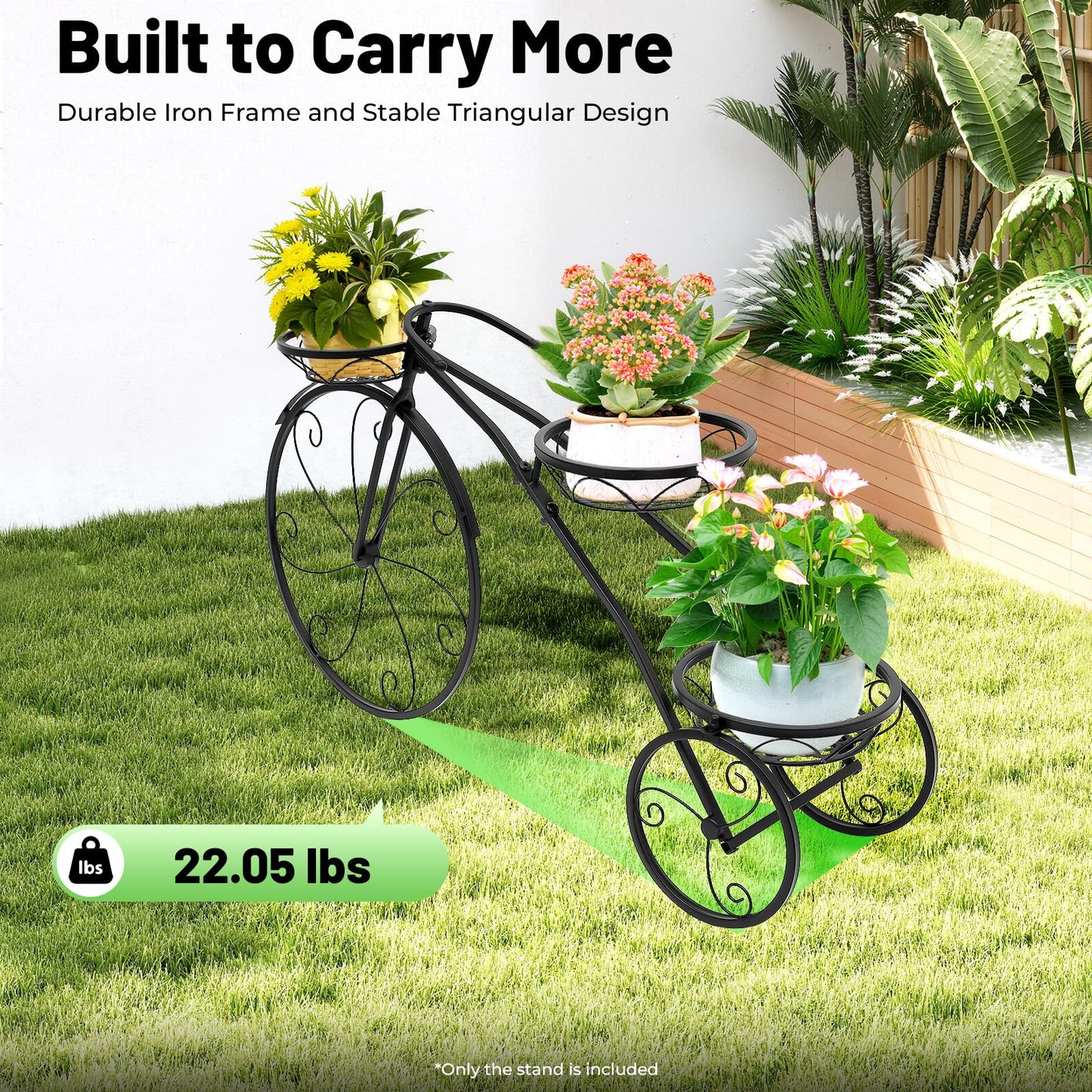 Ginelm 3-Wheeled Plant Stand, 3 Tier Plant Shelf with Baskets, 22 lbs Capacity, Black Modern Bicycle Design Flower Pot Stand for Home, Garden, Porch, for Plant Lovers, Family