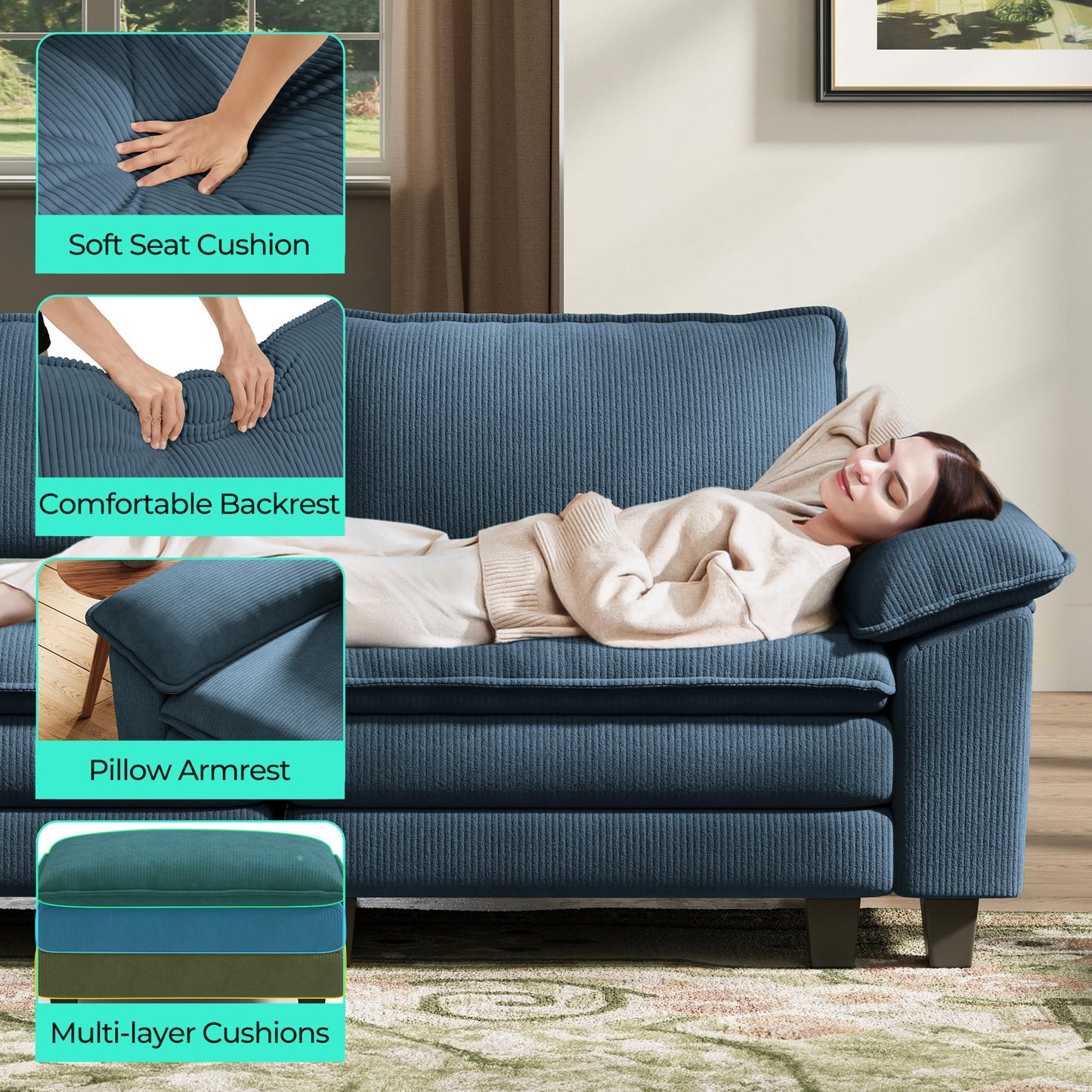 LINSY HOME 119" Modular Sectional Sofa Couch Corduroy Cloud Couches for Living Room, V-Shaped Cloud Couch Sectional Sofas for Bedroom and Apartment, Blue