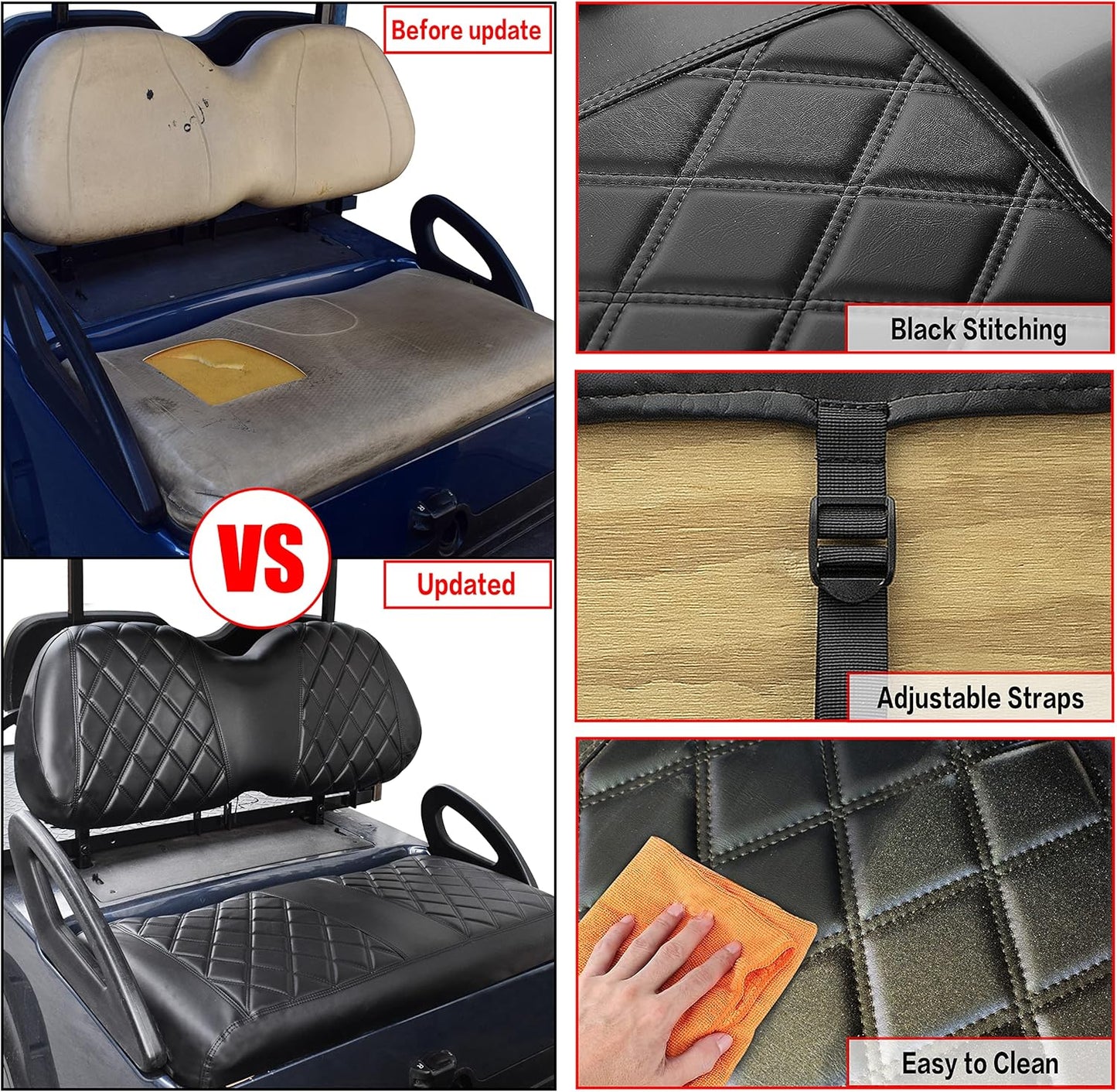 NOKINS P Diamond Seat Cover for Golf Cart Club Car Precedent Original Regular Cushion, No Stapler Required, Golf Cart Vinyl Replacement Front Seat Cover Black Stitching