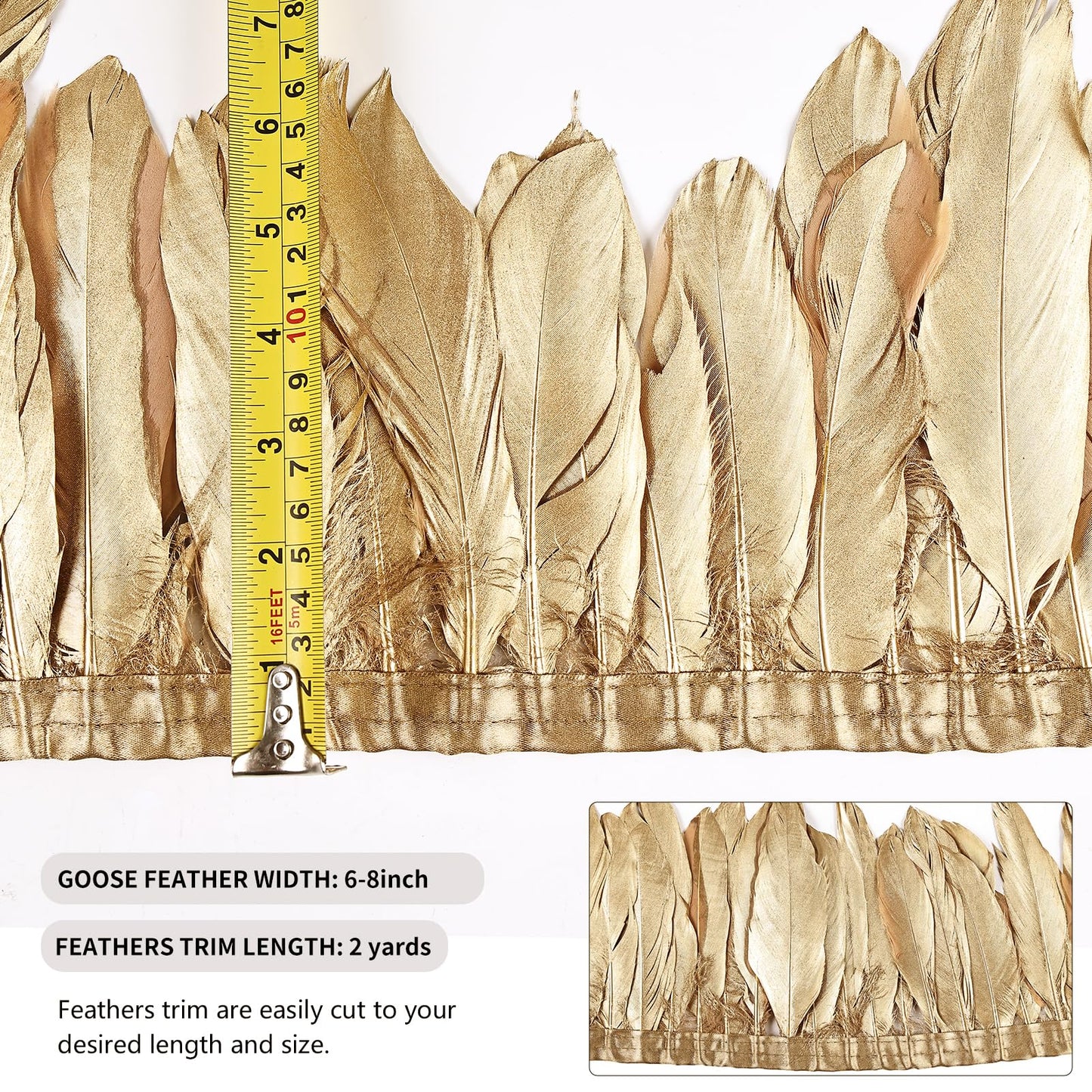 MAOFENG 2 Yards Natural Goose Feathers Trim Sewing Fringe Fashion Dress Sewing 6-8inch for DIY Handicrafts Costumes Decoration,Golden