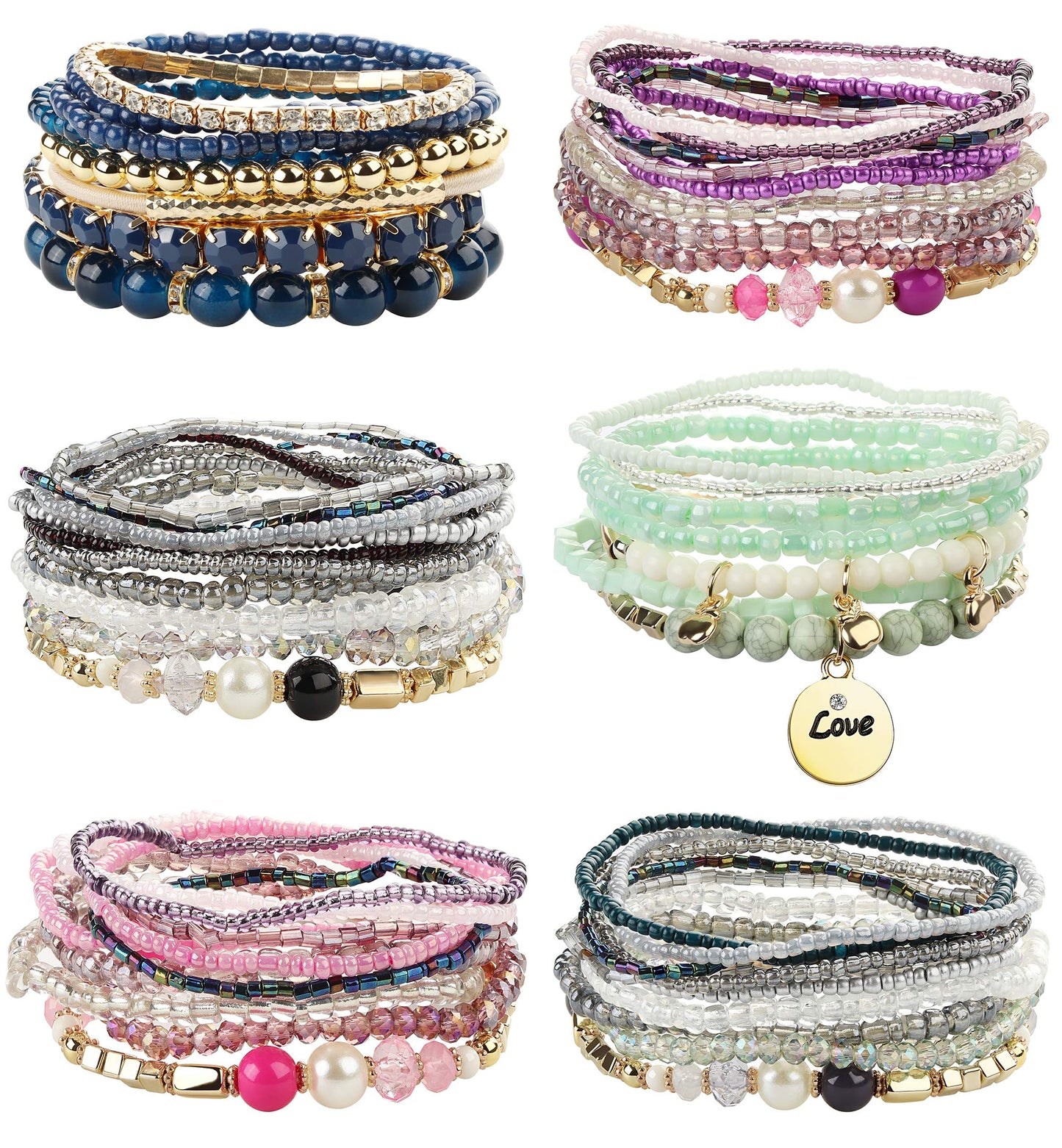 FIBO STEEL 6 Sets Bohemian Stackable Bead Bracelets for Women Stretch Multilayered Bracelet Set Multicolor Jewelry Boho Jewelry,Small Beads Stylish Style