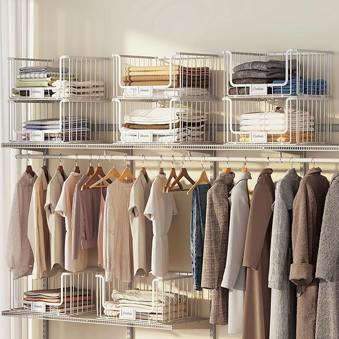 4-Tier Stackable Closet Organizers and Storage, Clothes Shelf Organizer, Foldable Wire Basket Bins, Sweater Storage for Closet and Pantry,11.8" D x 15.7" W,White