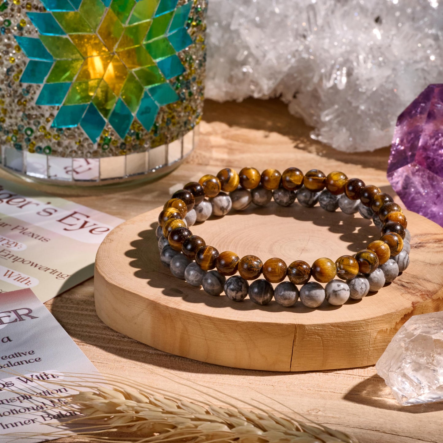 Bivei 2-Piece 8mm Beaded Bracelets for Women – Tiger Eye, Picasso Jasper – Handmade Natural Crystal Stretch Elastic Jewelry for Meditation, Yoga, Protection Gifts
