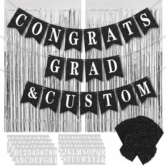 Mooliwe 173 Pcs DIY Custom Banner Kit with 2 Foil Curtain Make Your Own Customizable Letter Banner Sign Decor 20 Paper Pennant 148 Letters Number 1 Rope 2 Threading Device(Classic Style,Black)