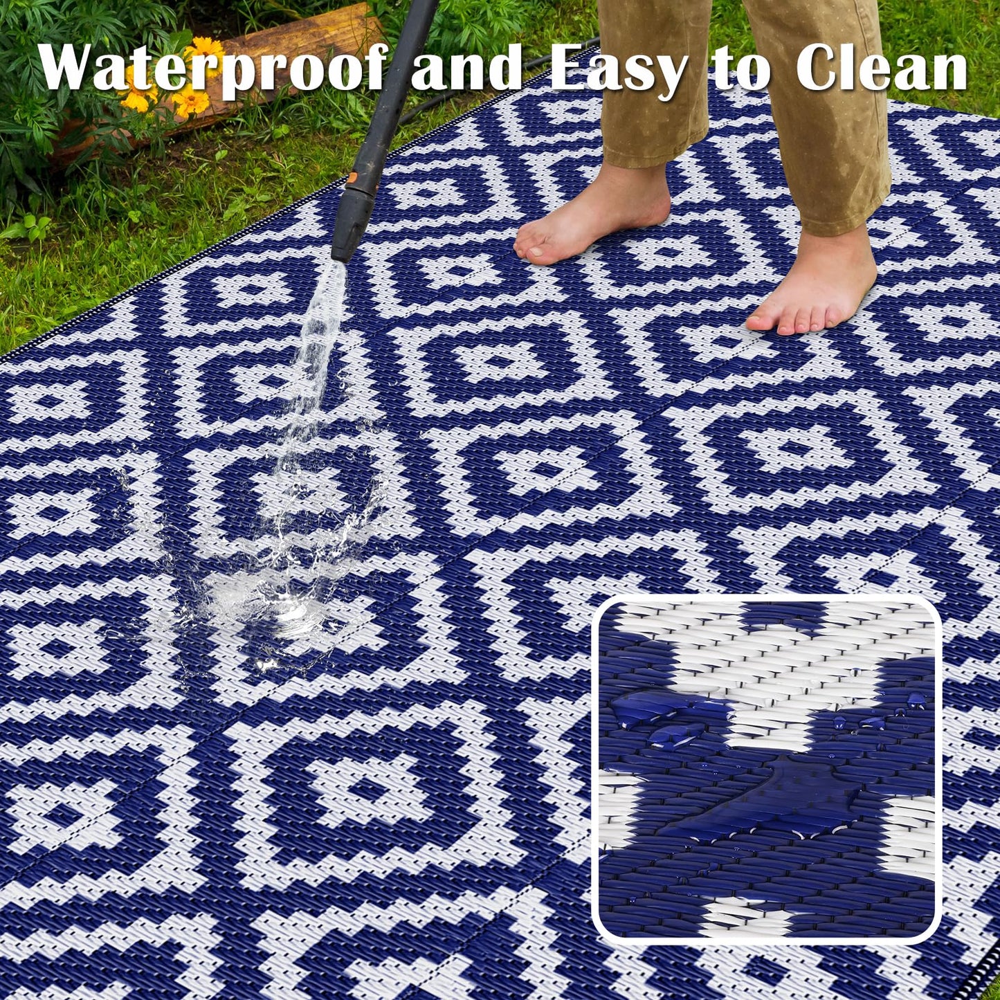 Mattitude Waterproof Outdoor Rug 6x9 Ft Outdoor Plastic Straw Rug Reversible Patio Rug Large Outdoor Carpet Area Rug for Patio Backyard Picnic Beach Camping RV Blue
