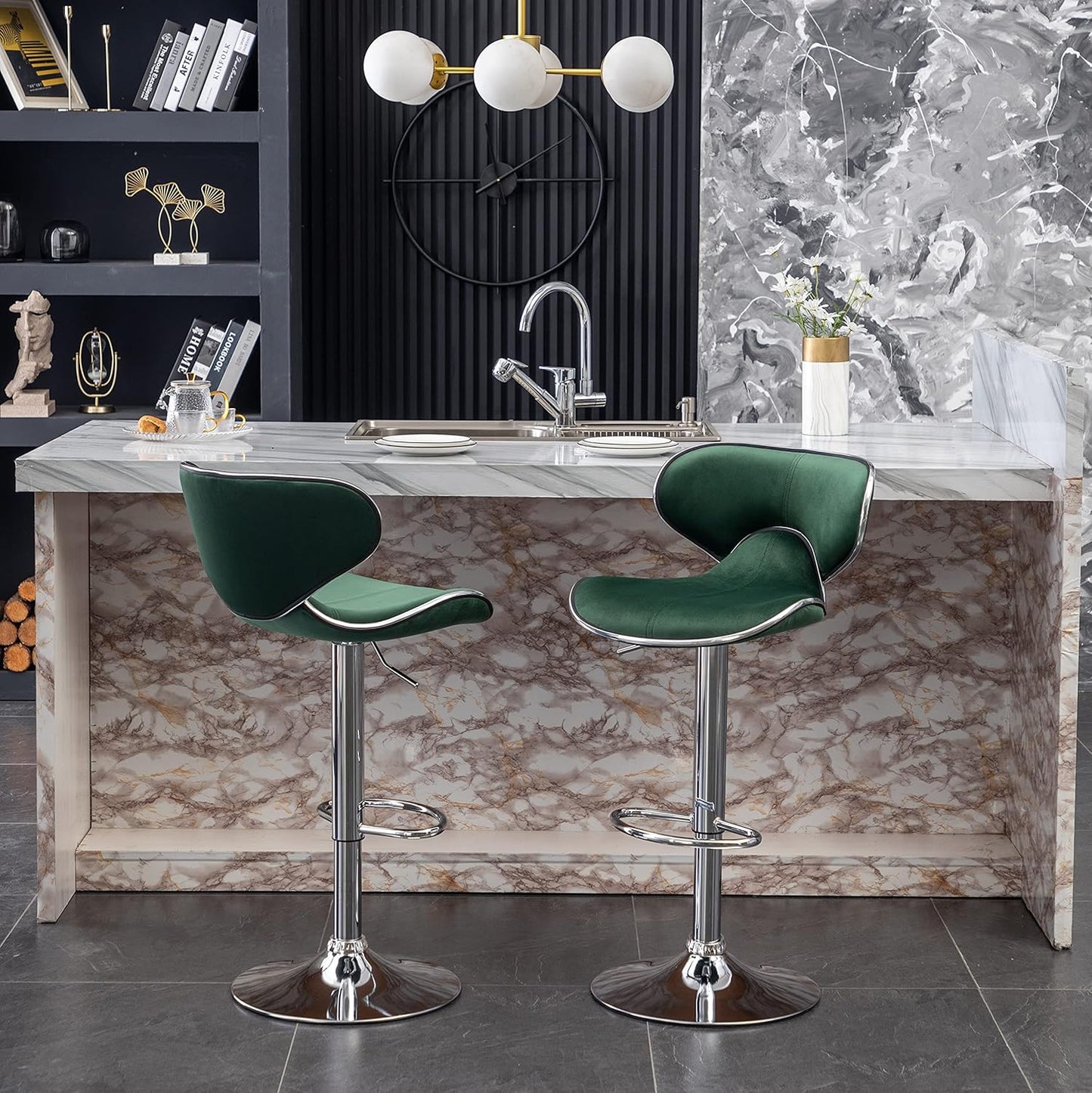 Roundhill Furniture Masaccio Velvet Upholstered Adjustable Swivel Barstool, Set of 2, Green