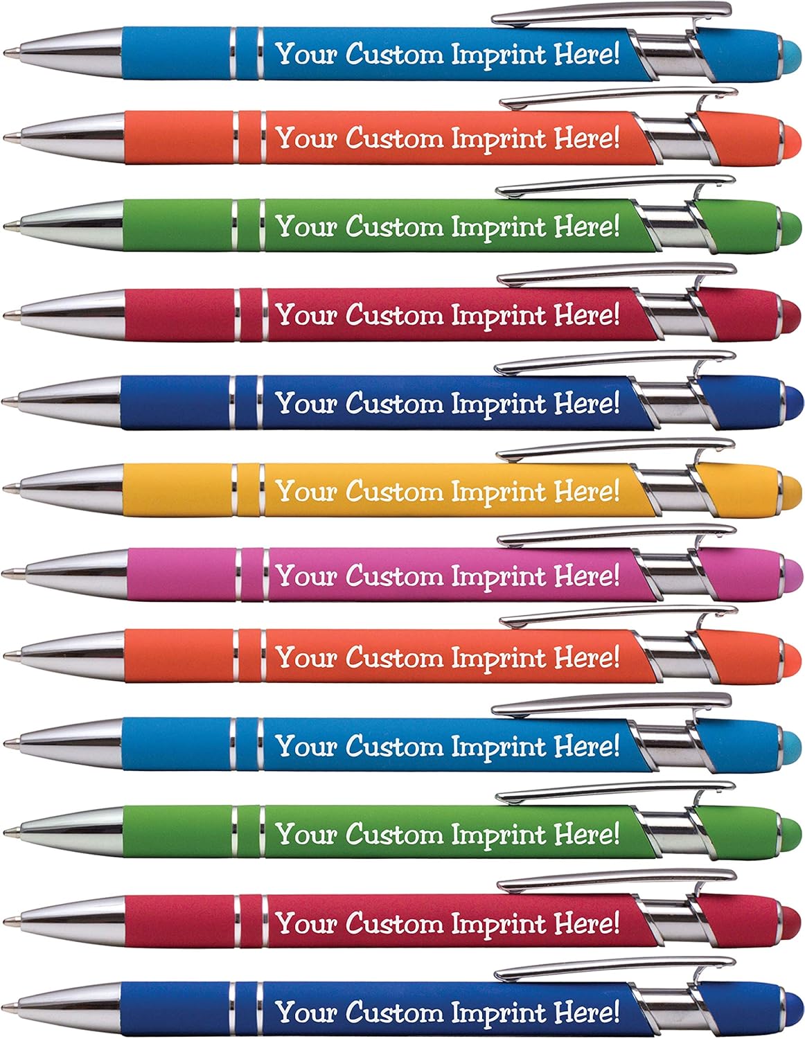 ExpressDesigns™ - Premium Custom Pens with Stylus | Burst of Color | Personalized Soft Touch Metal Printed Name Pens w/Black Ink - Imprinted w/Logo or Message - 12 pcs/pack (Assorted)