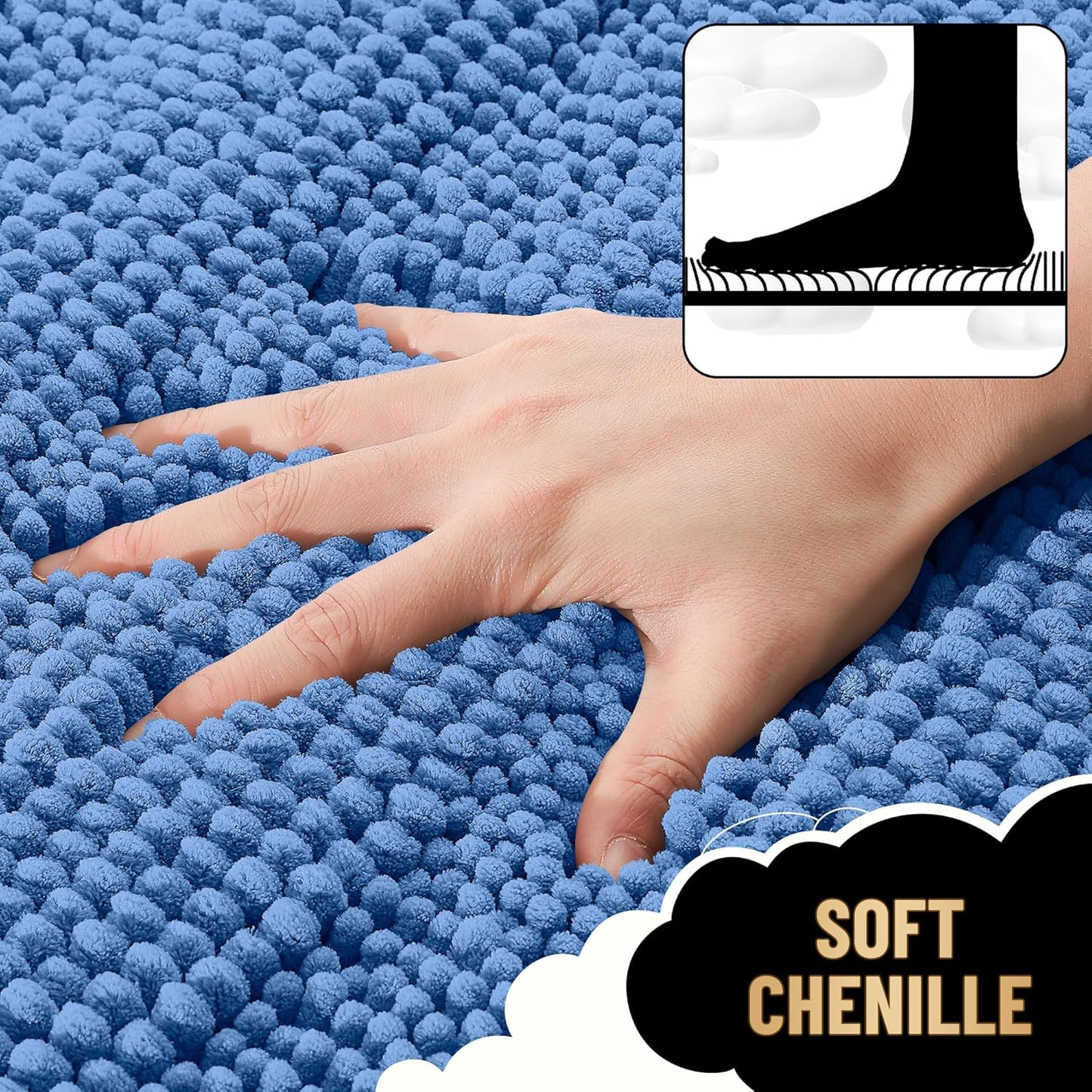 OLANLY Thick Bathroom Rugs 24x16, Extra Soft Absorbent Chenille Striped Bath Rugs, Rubber Backing, Machine Wash, Bath Mats for Bathroom Floor, Tub and Shower, Home Decor Accessories, Cornflower Blue