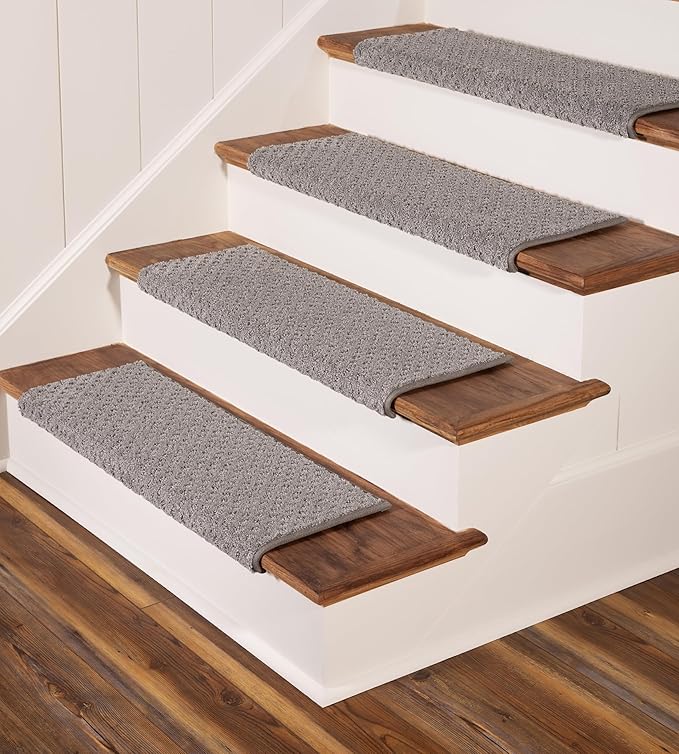 Oak Valley Designs Carpet Stair Treads - Anti Slip Indoor Stair Mats for Wooden Stairs, Style: Bayside Charm Dark Grey, 27" W X 9.75" D, (Set of 14)