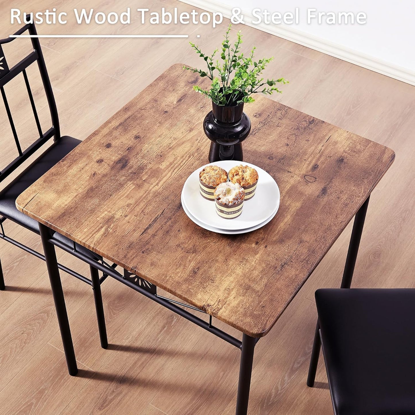 VECELO 3-Piece Small Kitchen Dining Table Set for 2, PU Padded Chairs, Easy Assembly, Brown