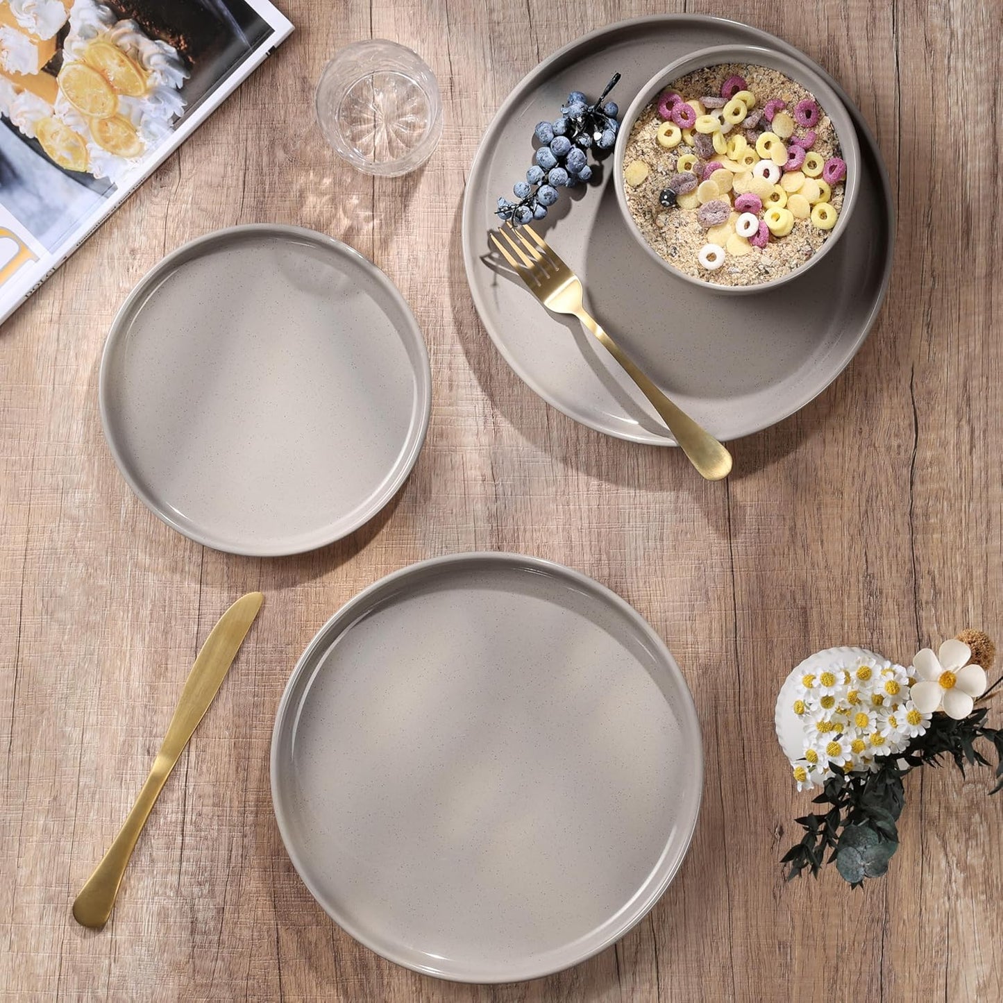 HaWare Stoneware Dinnerware Sets, 24-Piece Plates and Bowls Set for 8, Dishes Set for Home Restaurant, Speckled Cream Coffee
