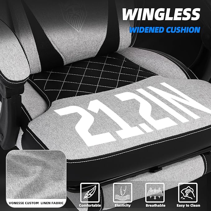 Vonesse Gaming Chair, Reclining Fabric Gaming Chairs for Adults 250LBS, Office Chair with Pocket Spring Cushion, Computer Chair with Footrest and Massage Lumbar Support (Light Gray)