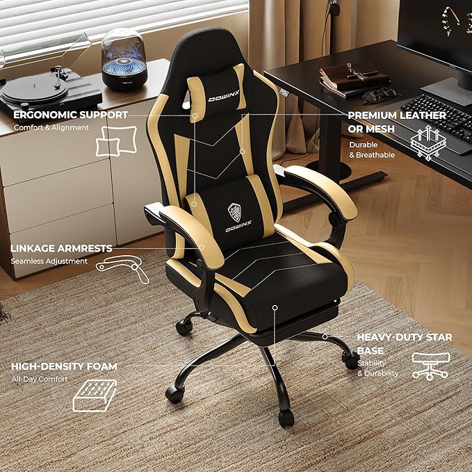 Gaming Chair with Footrest, Ergonomic 330lbs Leather Mesh Chair, Massage Lumbar Support, Adjustable Height & Headrest Pillow, Breathable Seat for Office, Home, Streaming, Long Gaming Sessions, Gold