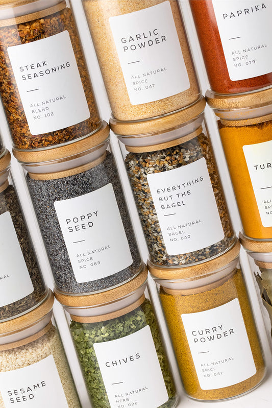 Bloomondo Empty Spice Jars with Label Pack (12x Bamboo Lid Glass Jar). Small 6oz Spice Storage Bottles with 112 Printed Stickers and 48 Writable Pantry Labels for Seasoning Containers