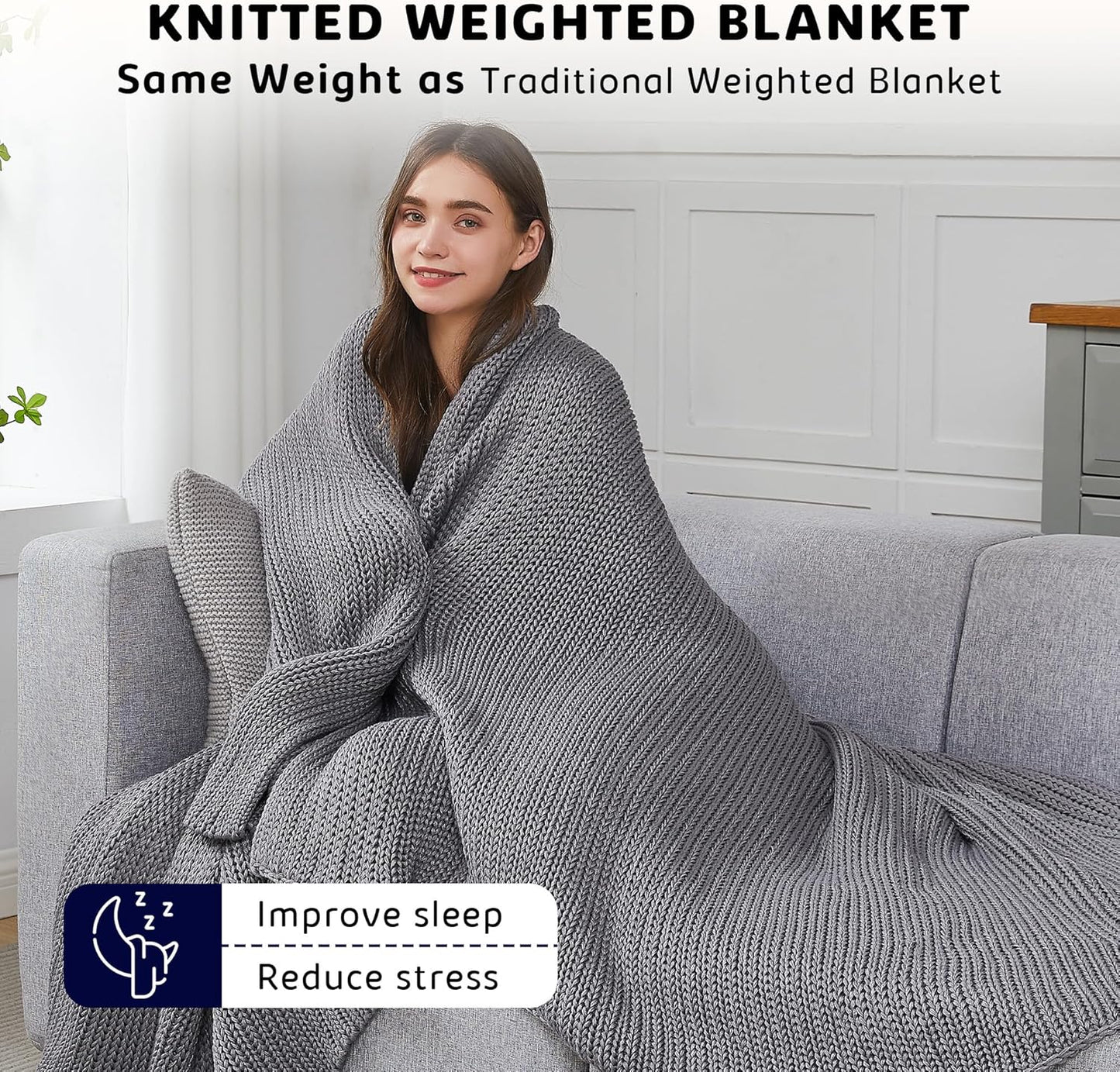 L'AGRATY Knitted Weighted Blanket - 60"x80" 15lbs Cooling Chunky Knit Heavy Blanket for Adults Braided Crochet Throw Thick Cable Yarn Knit Decorative No Beads Evenly Weighted Machine Washable