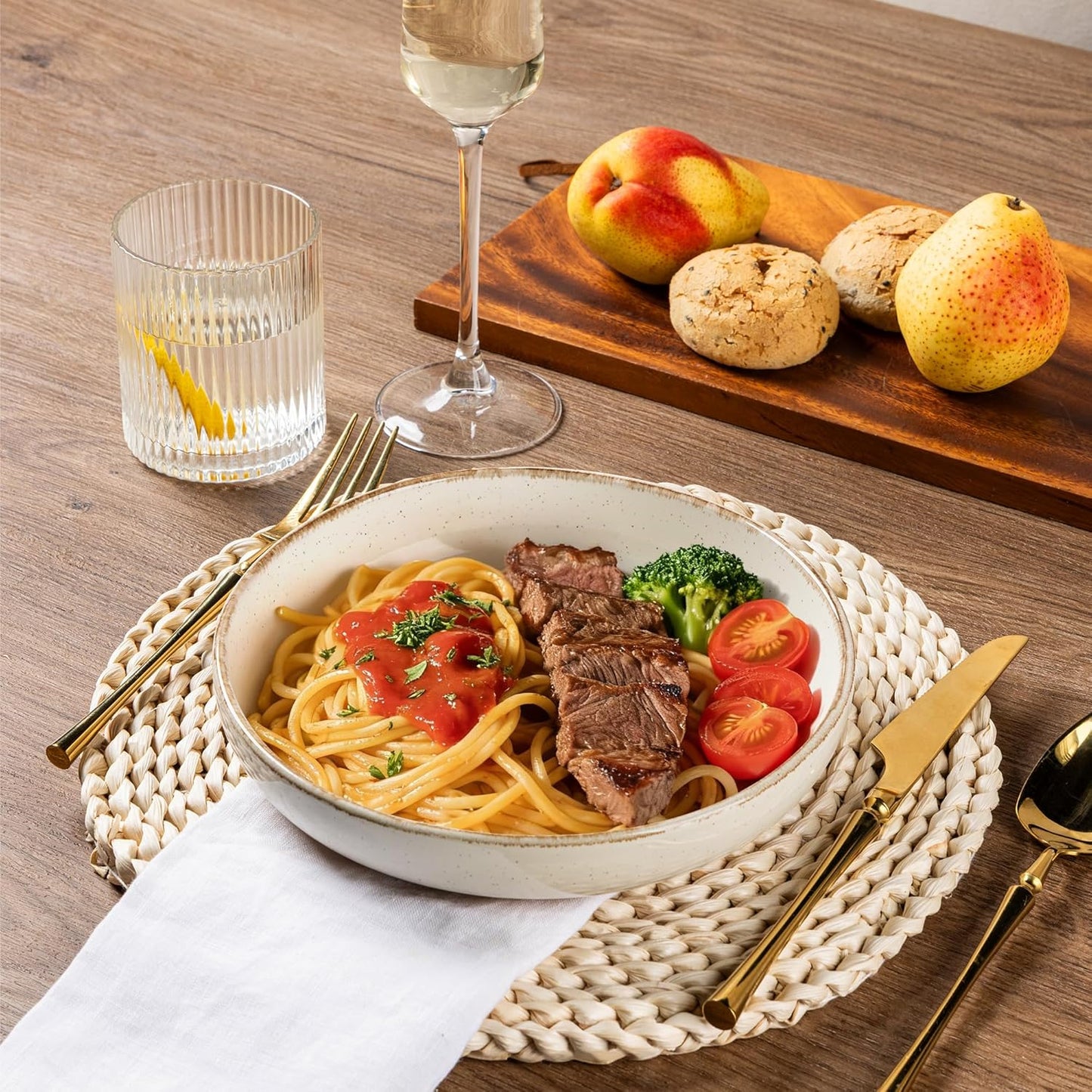 AmorArc Ceramic Dinnerware Sets with Pasta Bowls for 4, Handpainted Plates and Bowls Set with Rustic Terracotta Underside, Scratch Resistant Dishes Set, Dishwasher & Microwave Safe, 16 Pcs