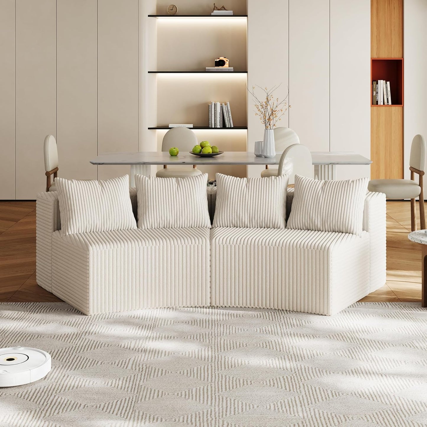 KEIKI Corduroy Curved Sectional Sofa, 2 Seater Symmetrical Modular Semi Circular Couch, Deep Seat Tufted Corner Sofa for Living Room, Lobby, Beige
