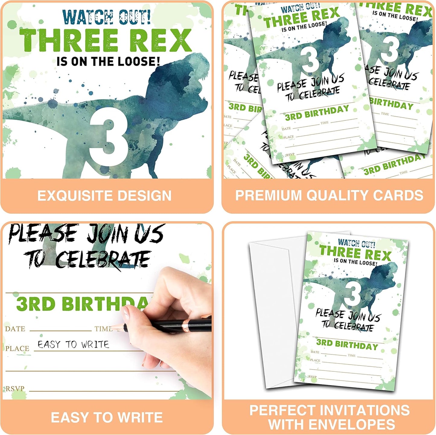Dinosaur 3rd Birthday Party Invitations, 20-Count Dinosaur Three Rex Birthday Party Invites With Envelopes-HBYQK-B54