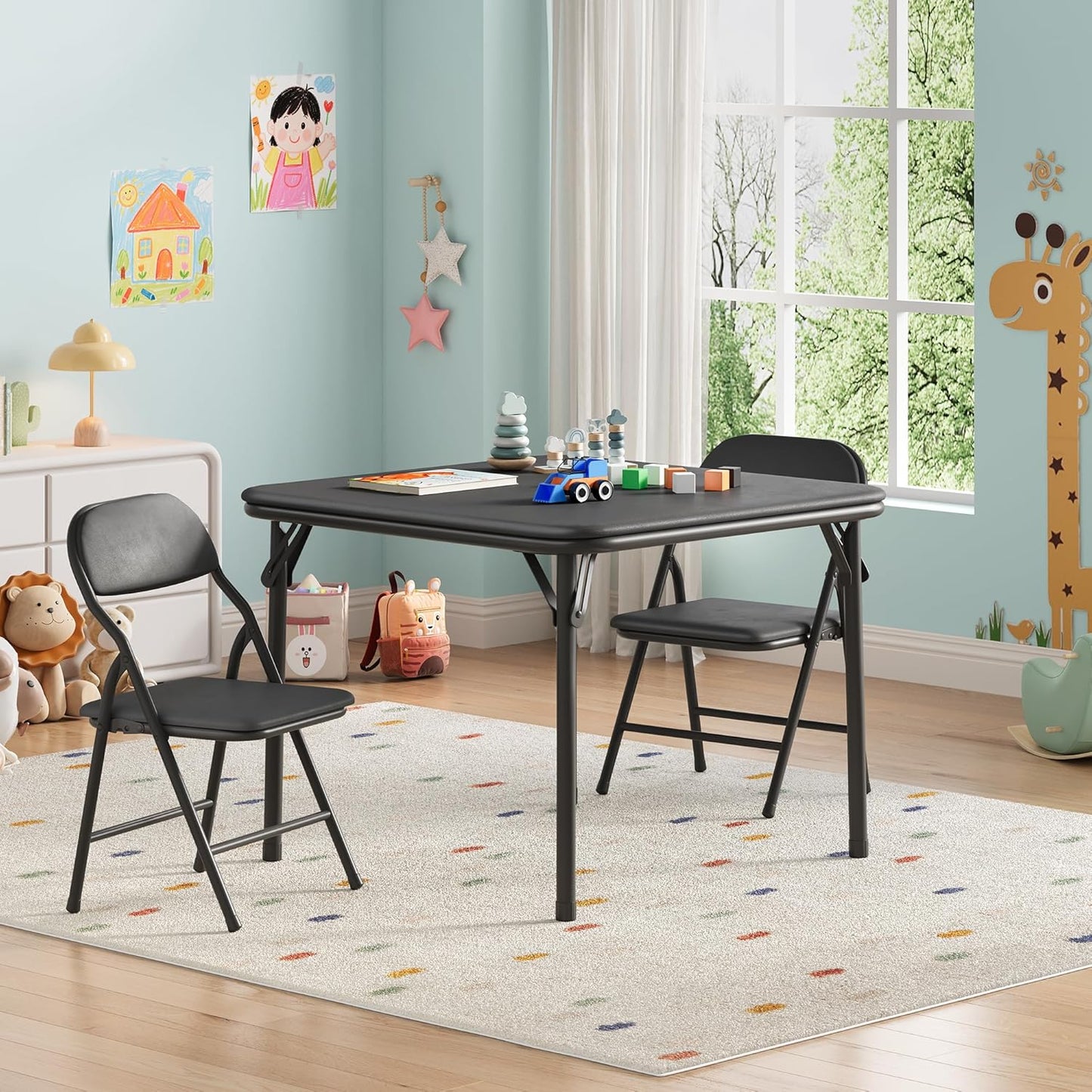 GarveeHome 3-Piece Kids Folding Table and Chairs Set, Toddlers Children's Activity Table and Chairs Set for Dining Room,Daycare,Classrooms