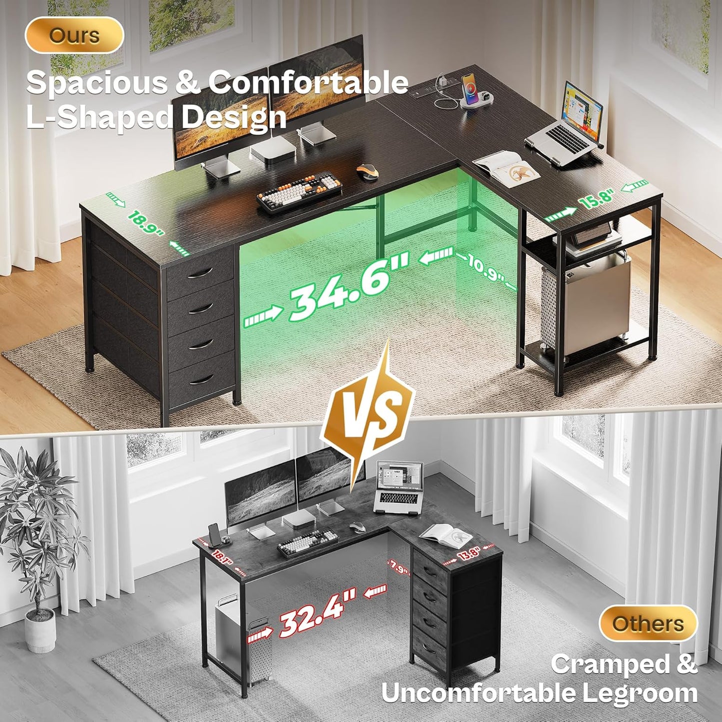 Huuger 63 Inch L Shaped Desk with Fabric Drawers, Reversible Computer Gaming Desk with Power Outlets and USB-C Port, Adjustable Side Storage Shelves, for Work Study Corner Home Office, Black
